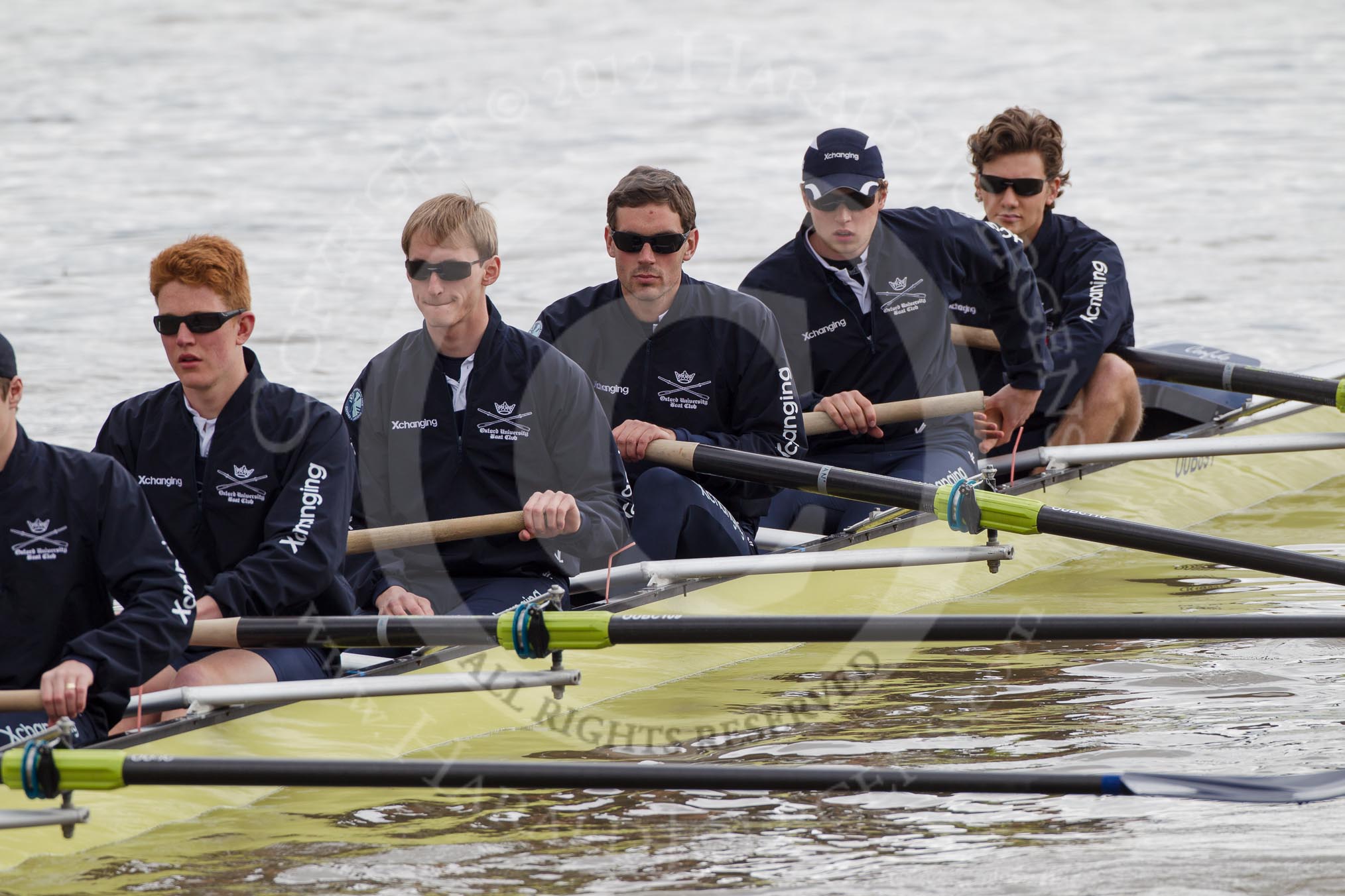 The Boat Race 2012: The ISIS crew getting ready for the Boat Race against the Cambridge reserve boat Goldie: Geordie Macleod, Joseph Dawson, Ben Snodin, Julian Bubb-Humfryes, Chris Fairweather, and bow Thomas Hilton..




on 07 April 2012 at 13:06, image #117