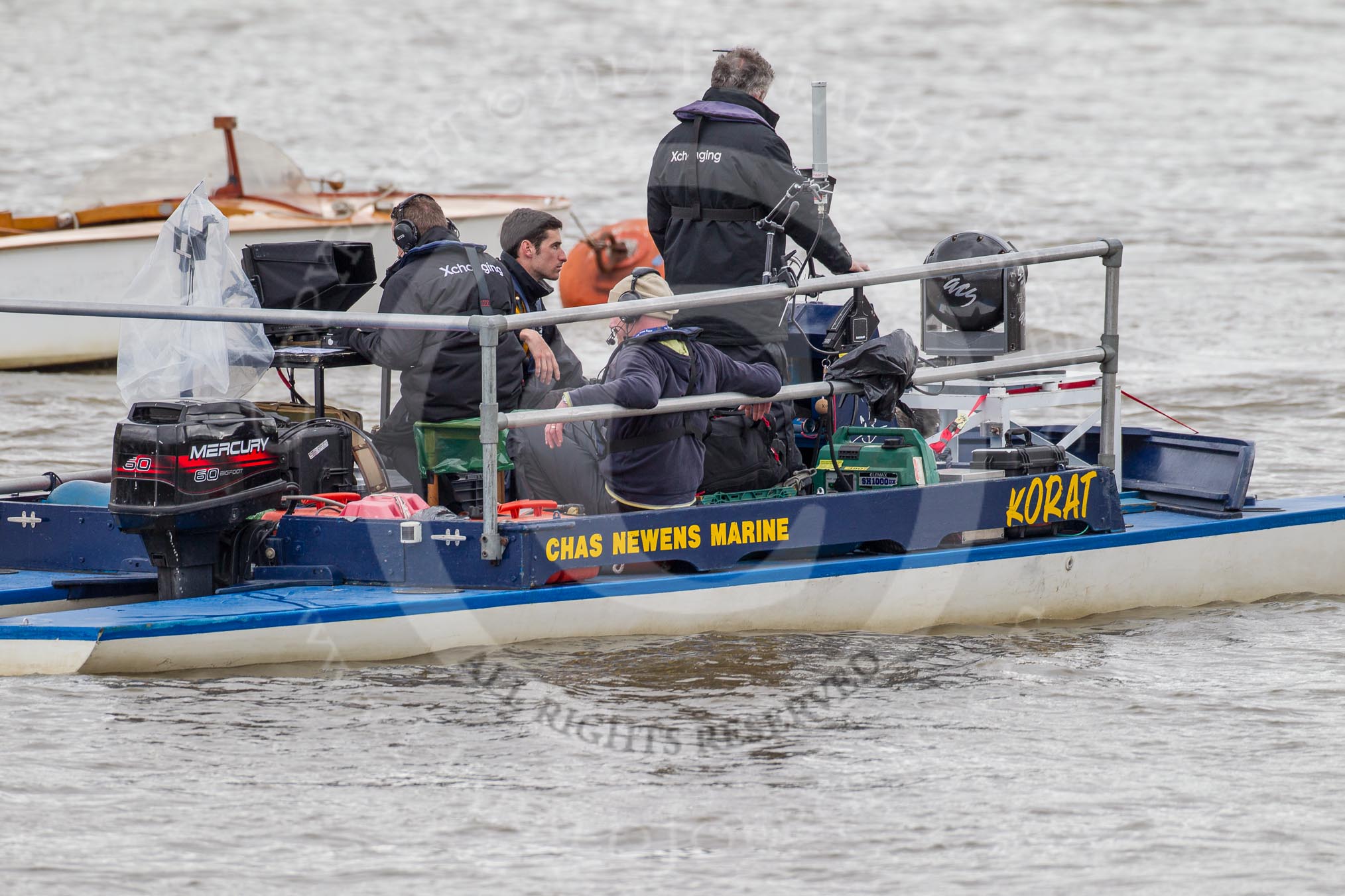 The Boat Race 2012: Setting the scene for the 2012 Boat Race:  One of the two boats used by BBC Sport/SIS. In front of the boat a ball shaped, gyro stabilzed specialist TV camera..




on 07 April 2012 at 13:12, image #119