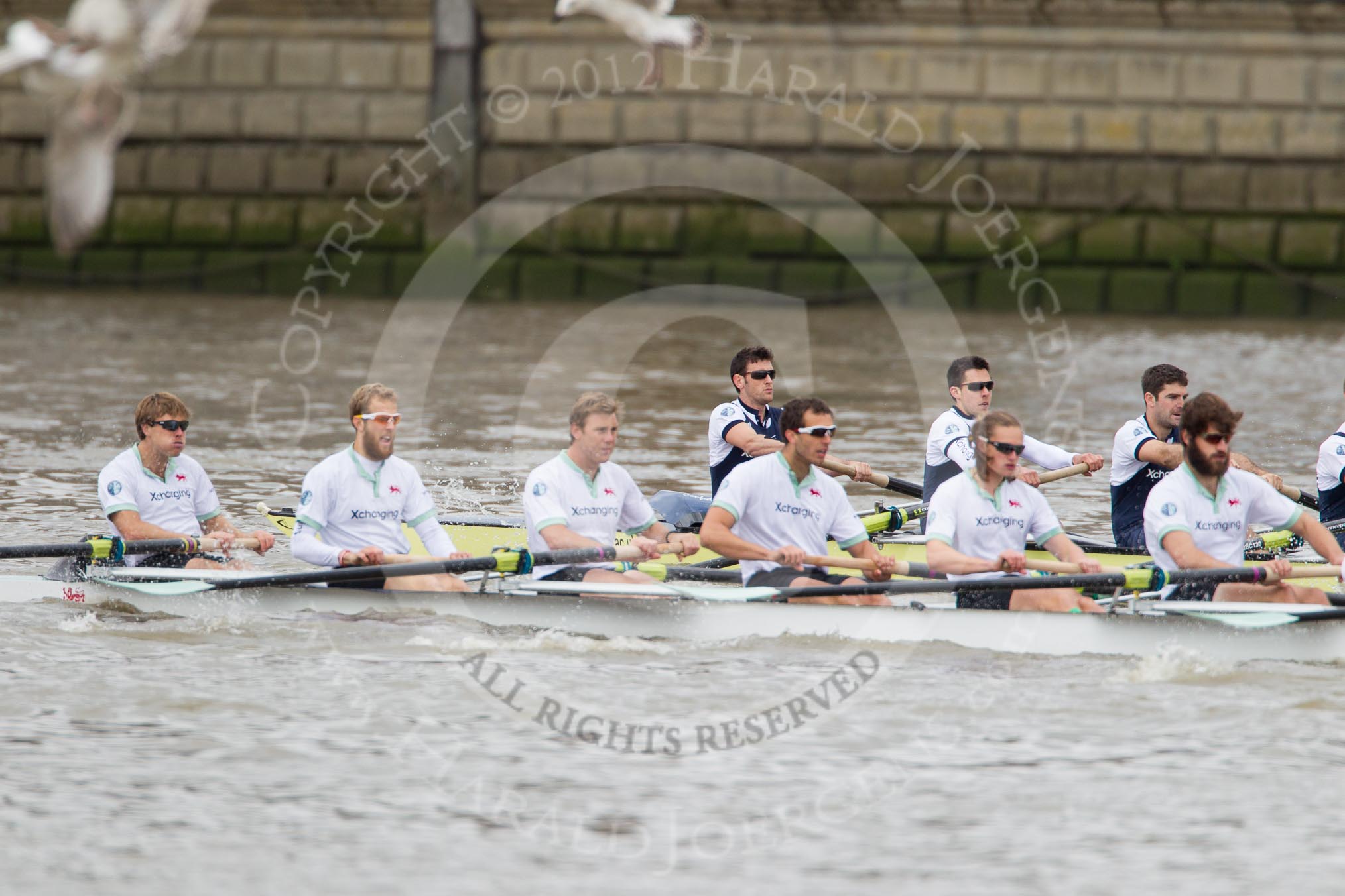 The Boat Race 2012: The 2012 Boat Race, shortly after the start: In the foreground the Cambridge Blue Boat, with David Nelson, Moritz Schramm, Jack Lindeman, Alex Ross, Mike Thorp, and Steve Dudek,  in the Oxford boat Dr. Alexander Woods, William Zeng, Kevin Baum, and Alex Davidson..




on 07 April 2012 at 14:16, image #262