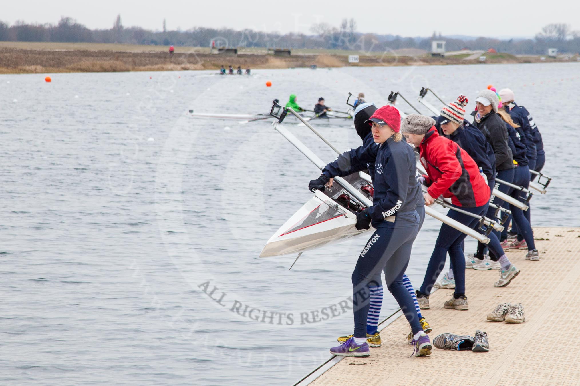 The Boat Race season 2013 - fixture OUWBC vs Molesey BC: Getting ready for the second time on this cold morning - the OUWBC boat with Stroke Maxie Scheske, Anastasia Chitty, Harriet Keane, Amy Varney, Joanna Lee, Mary Foord Weston, Alice Carrington-Windo, Mariann Novak..
Dorney Lake,
Dorney, Windsor,
Berkshire,
United Kingdom,
on 24 February 2013 at 11:12, image #21