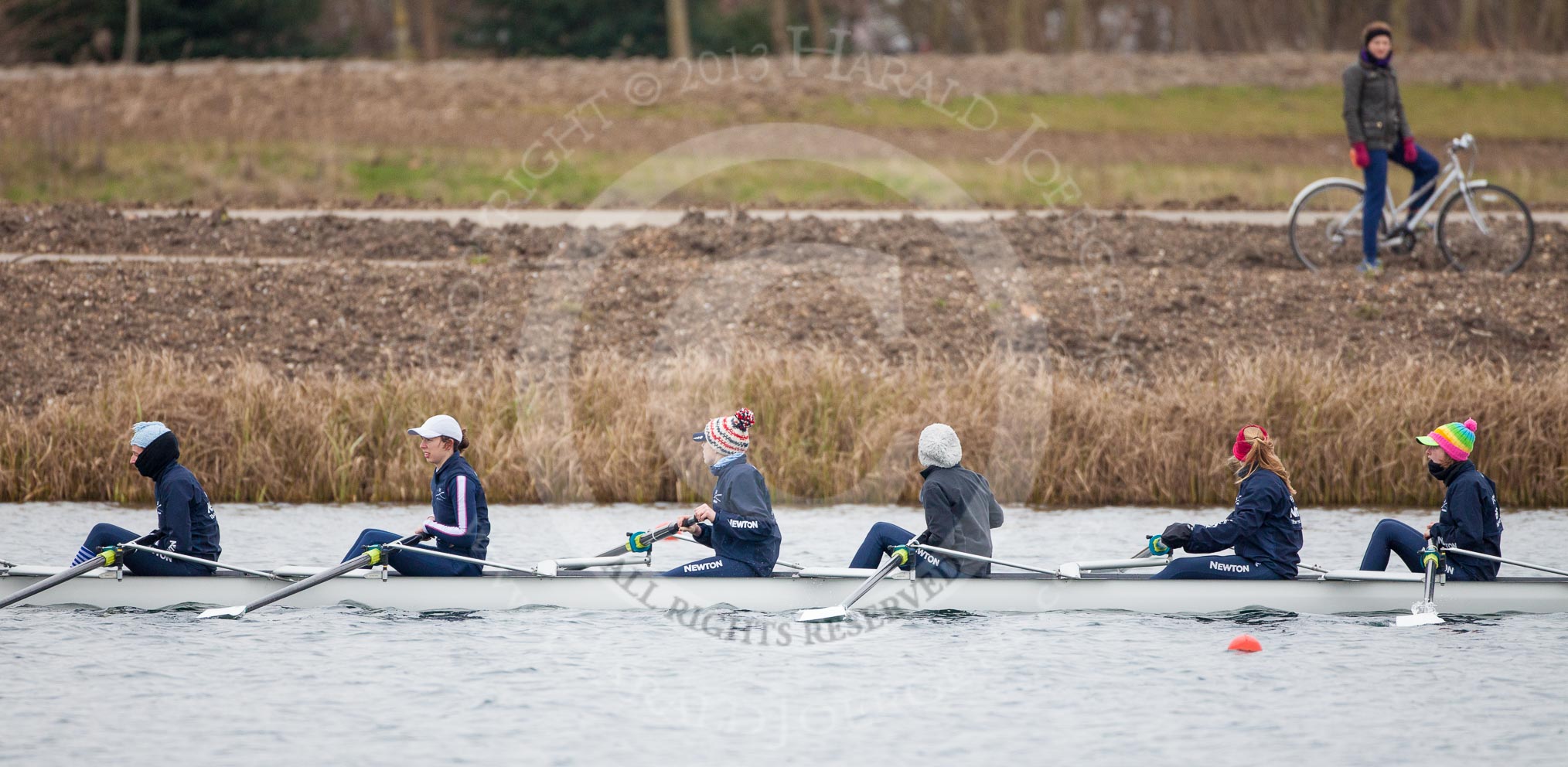 The Boat Race season 2013 - fixture OUWBC vs Molesey BC: OUWBC seven Anastasia Chitty, six Harriet Keane, five Amy Varney, four Joanna Lee, three Mary Foord Weston, and two Alice Carrington-Windo..
Dorney Lake,
Dorney, Windsor,
Berkshire,
United Kingdom,
on 24 February 2013 at 11:28, image #46