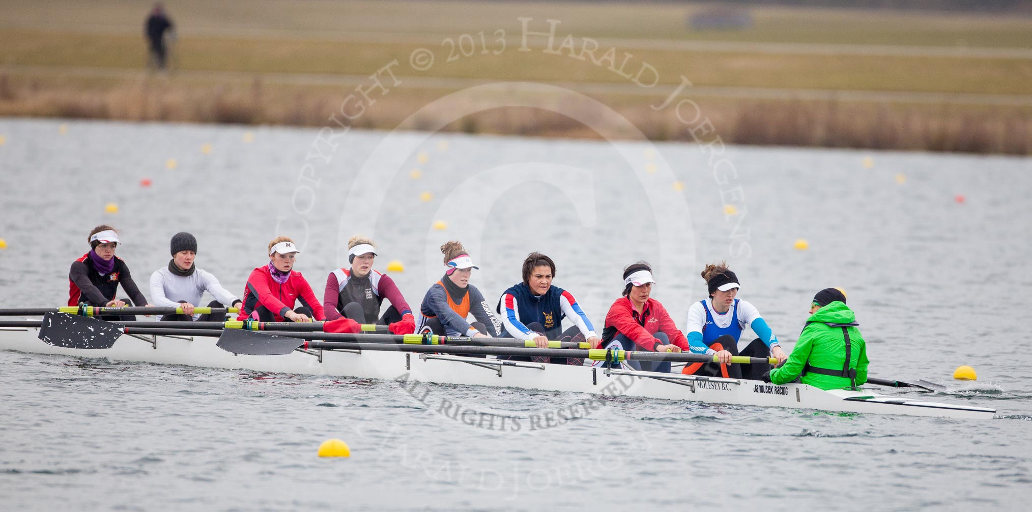 The Boat Race season 2013 - fixture OUWBC vs Molesey BC: The Molesley BC Eight: Bow-Nel Castle-Smith, two-Elly Blackwell, three-Olivia Marshall, four-Catie Sharrod, five-Karen Bennett, six-Amelda Gare, seven-Gabby Rodriguez, stroke-Sam Fowler, cox-Helen Arbuthnot..
Dorney Lake,
Dorney, Windsor,
Berkshire,
United Kingdom,
on 24 February 2013 at 12:04, image #110