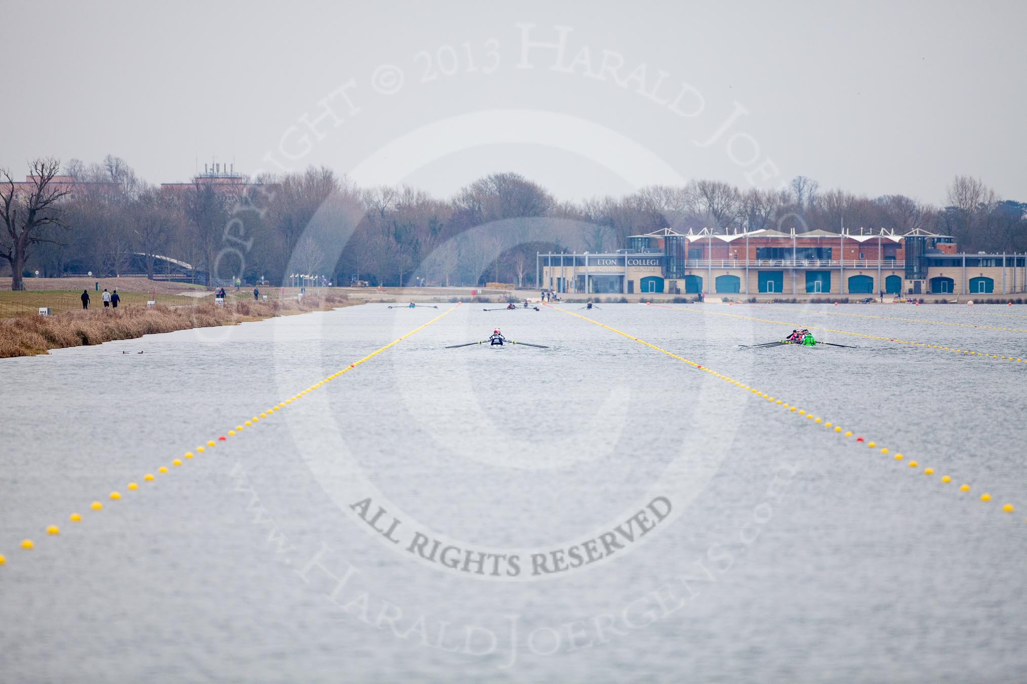 The Boat Race season 2013 - fixture OUWBC vs Molesey BC: The OUWBC boat on the left, Molesey BC on the right, racing towards the Dorney Lake boathouse..
Dorney Lake,
Dorney, Windsor,
Berkshire,
United Kingdom,
on 24 February 2013 at 12:06, image #116