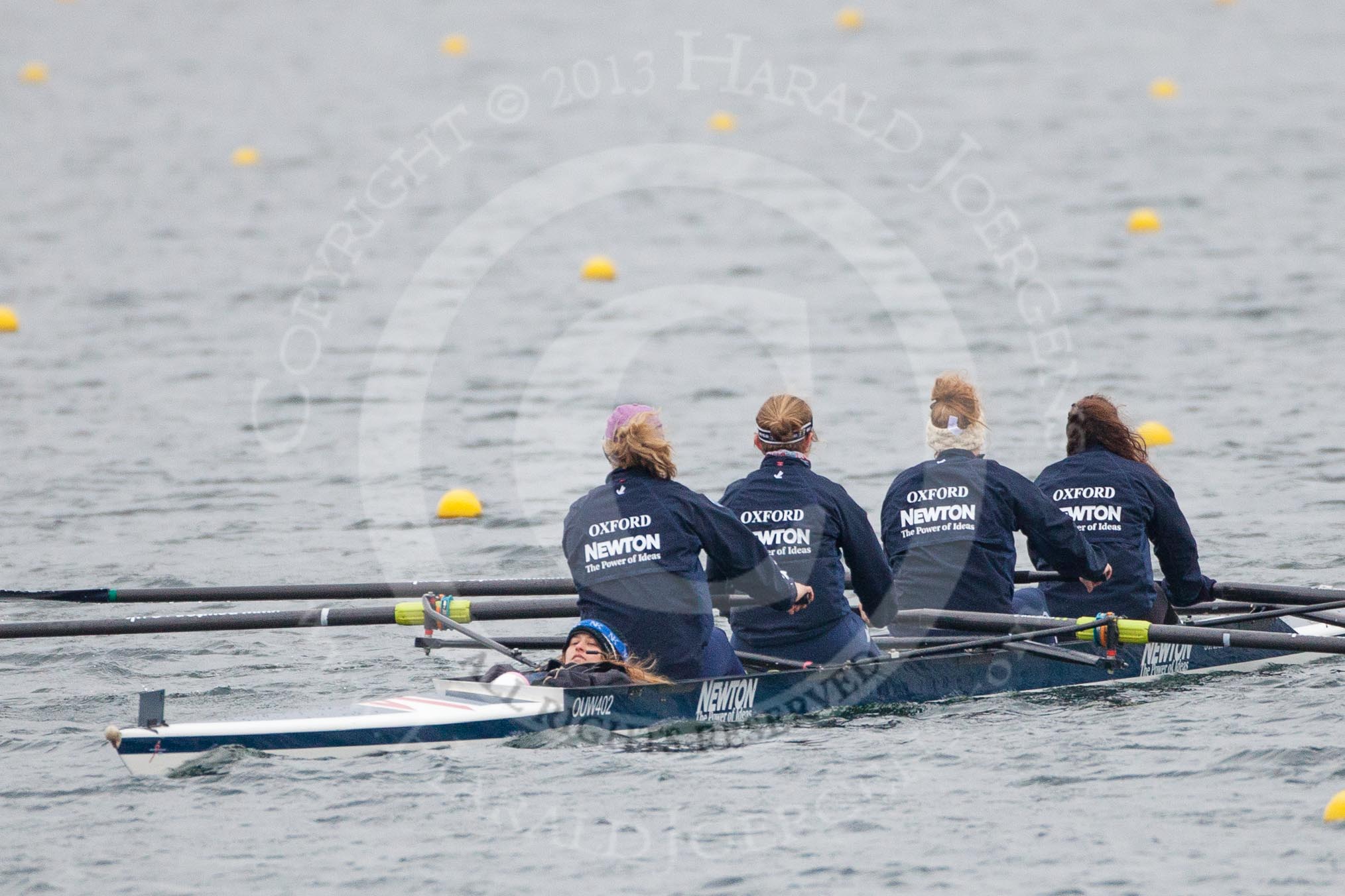 The Boat Race season 2013 - fixture OUWBC vs Molesey BC: OUWBC coxed four with cox Olivia Cleary, bow Elspeth Cumber, Rachel Purkess, Emily Chittock and stroke Coralie Viollet-Djelassi..
Dorney Lake,
Dorney, Windsor,
Berkshire,
United Kingdom,
on 24 February 2013 at 12:14, image #120