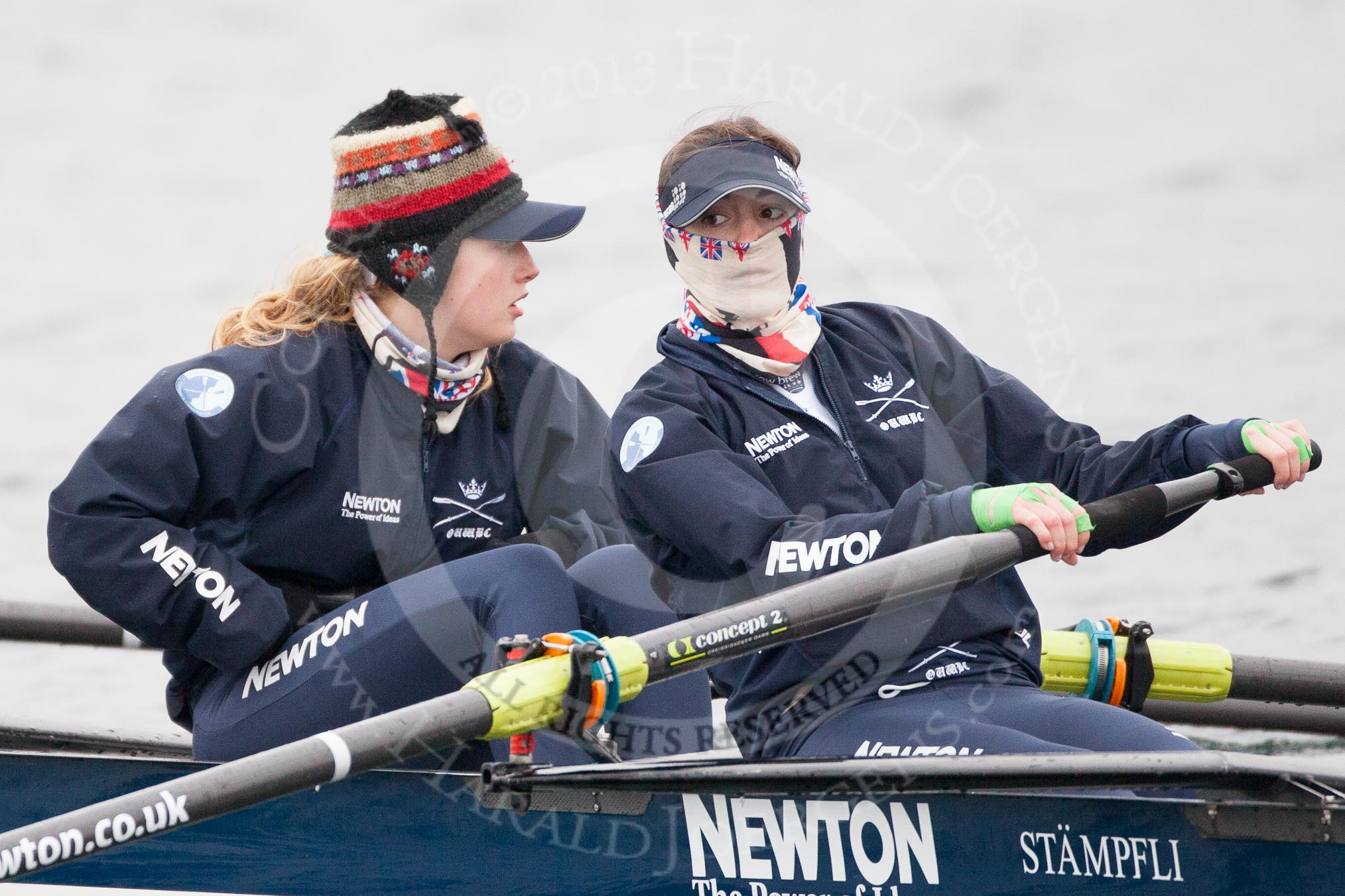 The Boat Race season 2013 - fixture OUWBC vs Molesey BC: OUWBC's Emily Chittock and stroke Hannah Ledbury on a very cold morning at Dorney Lake..
Dorney Lake,
Dorney, Windsor,
Berkshire,
United Kingdom,
on 24 February 2013 at 12:15, image #125