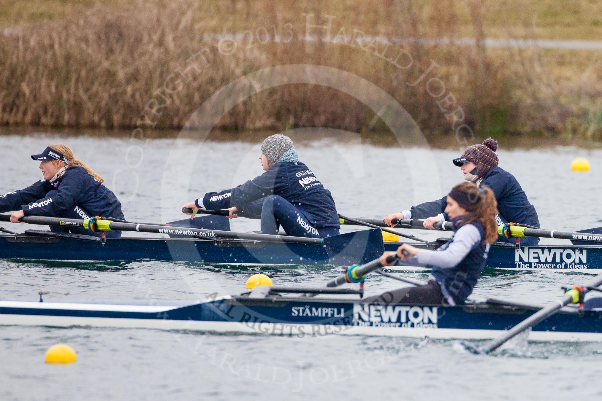 The Boat Race season 2013 - fixture OUWBC vs Molesey BC: Two OUWBC coxed fours racing each other, in the background Emily Chittock, Rachel Purkess, bow Elspeth Cumber with Olivia Cleary coxing, in the foreground stroke Coralie Viollet-Djelassi in the second OUWBC boat..
Dorney Lake,
Dorney, Windsor,
Berkshire,
United Kingdom,
on 24 February 2013 at 12:19, image #131