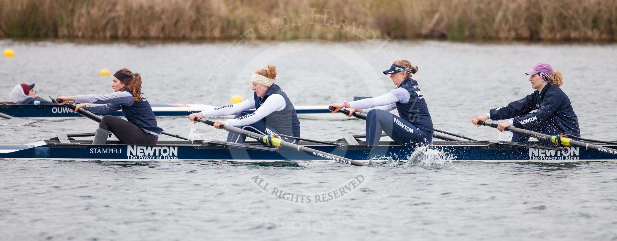 The Boat Race season 2013 - fixture OUWBC vs Molesey BC: OUWBC coxed four with stroke Coralie Viollet-Djelassi, Eleanor Darlington, Maria Mazza, and bow Caitlin Goss, cox is Sonya Milanova..
Dorney Lake,
Dorney, Windsor,
Berkshire,
United Kingdom,
on 24 February 2013 at 12:19, image #136