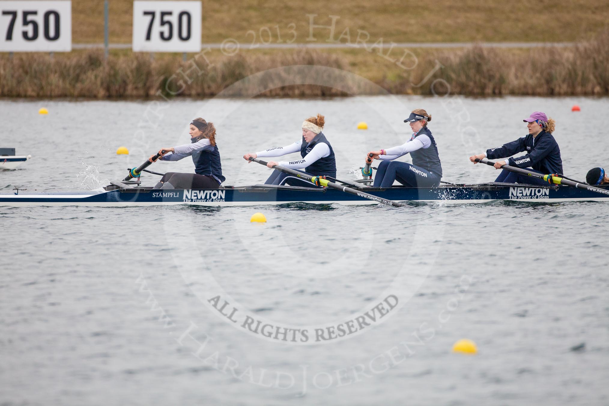 The Boat Race season 2013 - fixture OUWBC vs Molesey BC: OUWBC coxed four with stroke Coralie Viollet-Djelassi, Eleanor Darlington, Maria Mazza, and bow Caitlin Goss, cox is Sonya Milanova..
Dorney Lake,
Dorney, Windsor,
Berkshire,
United Kingdom,
on 24 February 2013 at 12:19, image #138