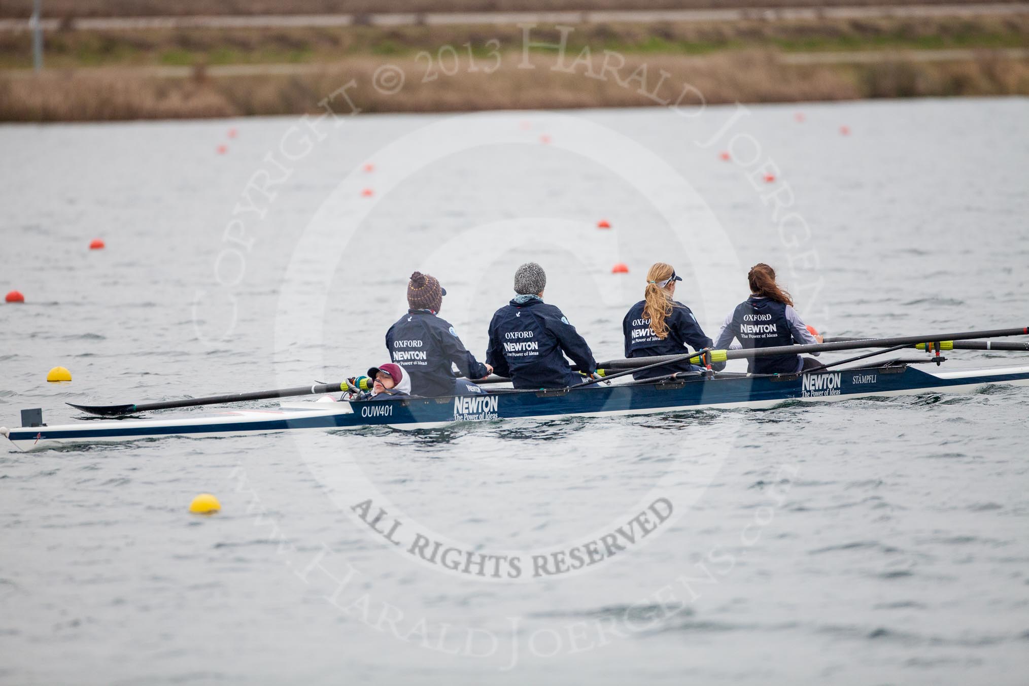 The Boat Race season 2013 - fixture OUWBC vs Molesey BC: OUWBC coxed four with cox Olivia Cleary, bow Elspeth Cumber, Rachel Purkess, Emily Chittock and stroke Hannah Ledbury..
Dorney Lake,
Dorney, Windsor,
Berkshire,
United Kingdom,
on 24 February 2013 at 12:31, image #144