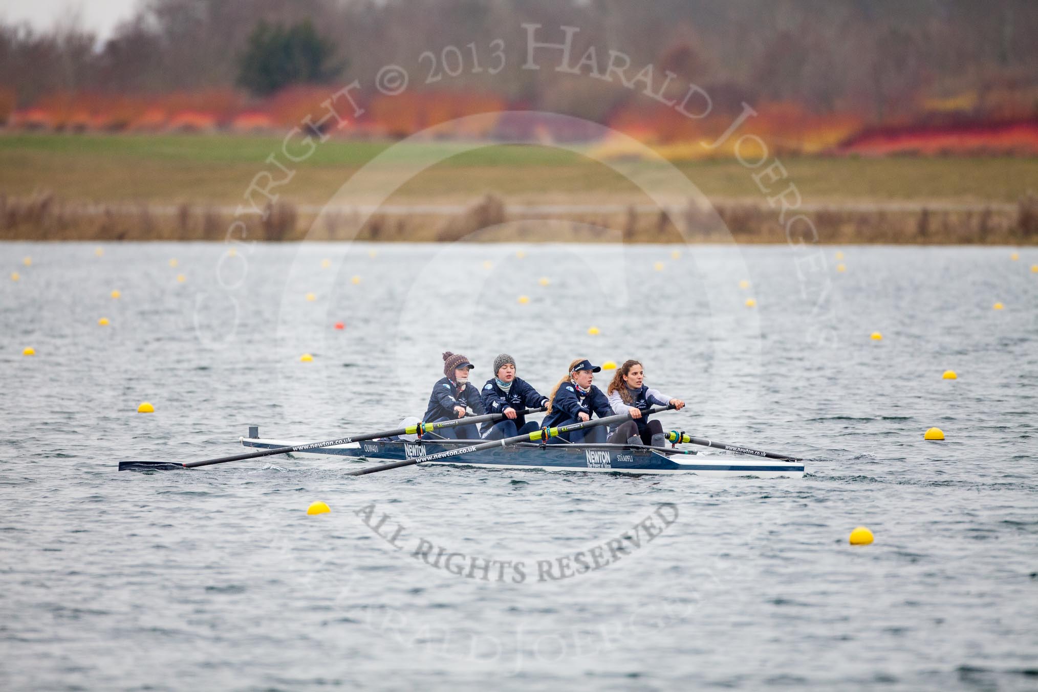 The Boat Race season 2013 - fixture OUWBC vs Molesey BC: OUWBC coxed four with cox Olivia Cleary, bow Elspeth Cumber, Rachel Purkess, Emily Chittock and stroke Coralie Viollet-Djelassi..
Dorney Lake,
Dorney, Windsor,
Berkshire,
United Kingdom,
on 24 February 2013 at 12:32, image #149