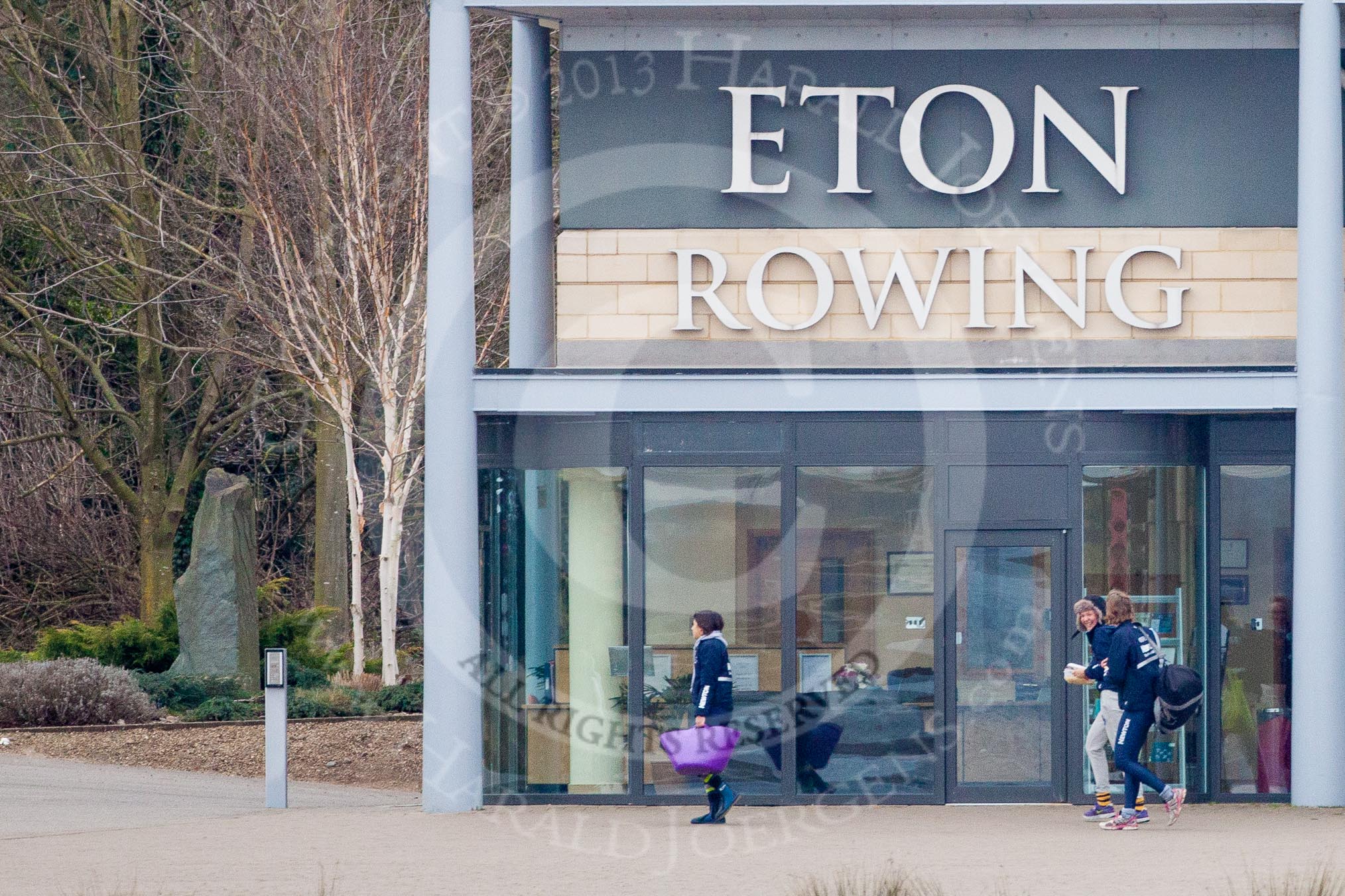 The Boat Race season 2013 - fixture OUWBC vs Molesey BC: The OUWBC team leaving Dorney Lake past the Eton College Rowing Centre reception in the boathouse..
Dorney Lake,
Dorney, Windsor,
Berkshire,
United Kingdom,
on 24 February 2013 at 12:34, image #150