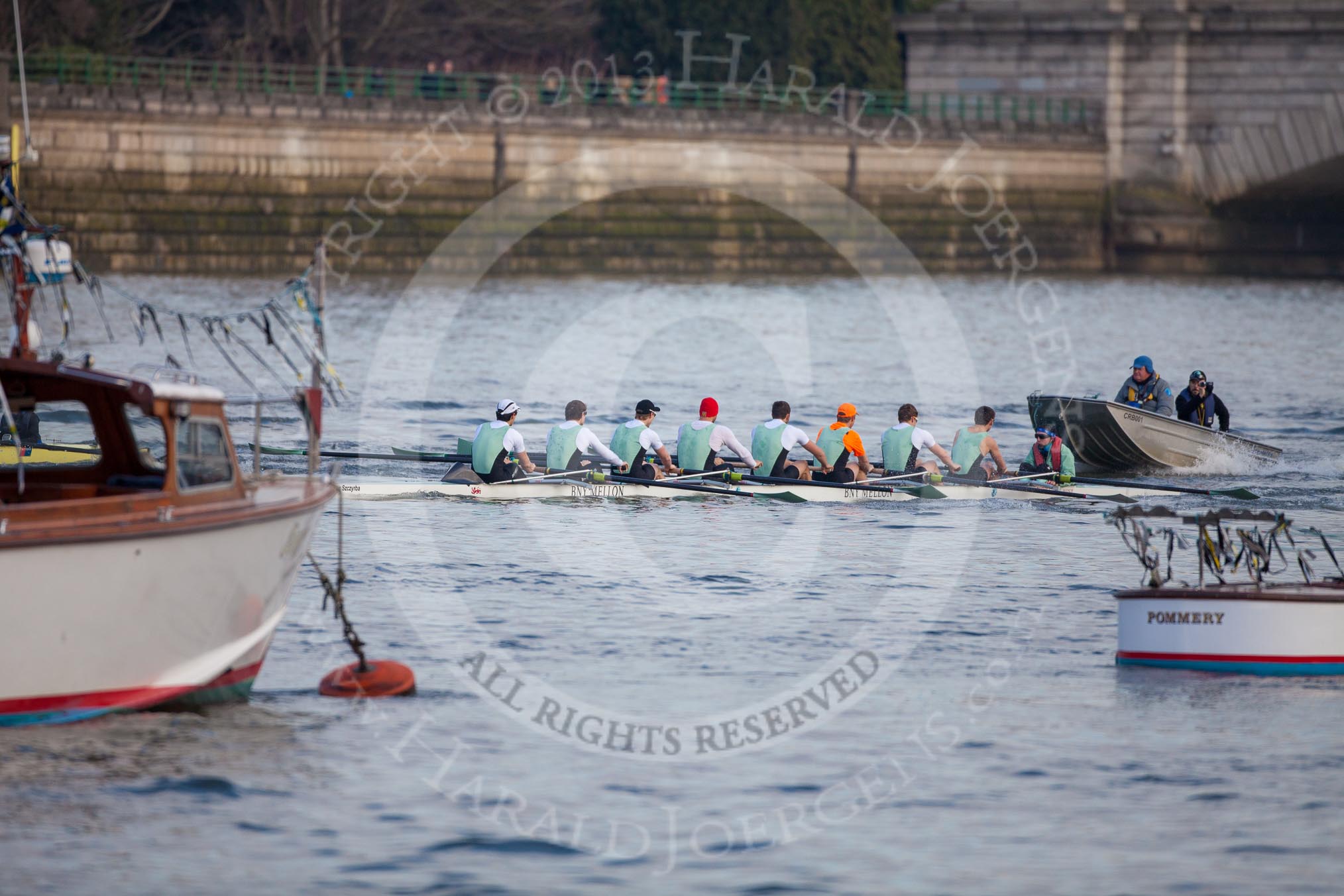 The Boat Race season 2013 - fixture CUBC vs Leander: Goldie vs Imperial BC shortly after the start of their fixture..
River Thames Tideway between Putney Bridge and Mortlake,
London SW15,

United Kingdom,
on 02 March 2013 at 15:23, image #25