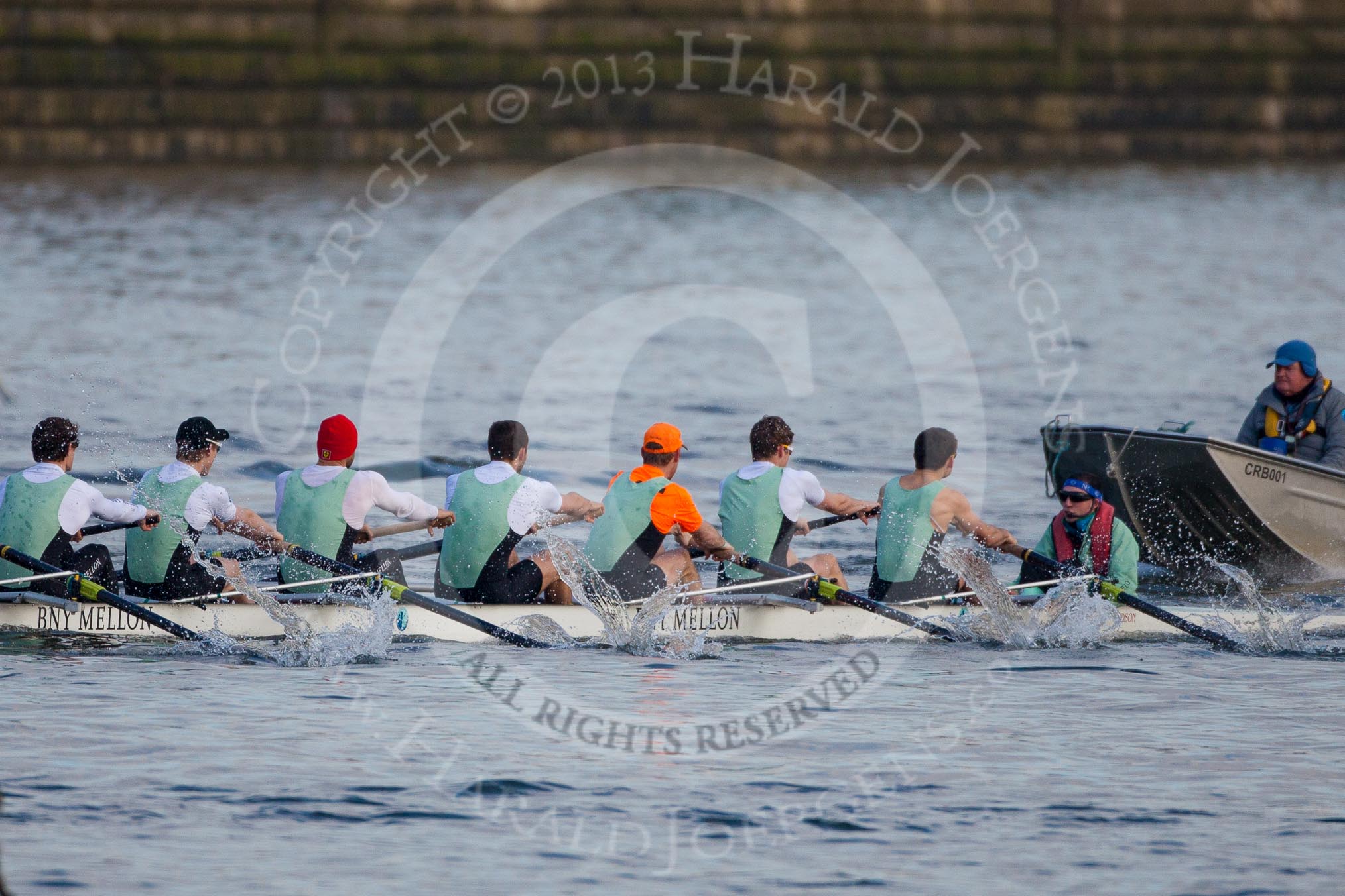 The Boat Race season 2013 - fixture CUBC vs Leander: Goldie vs Imperial BC shortly after the start of their fixture - Imperial, on the left, and out of the frame, leading..
River Thames Tideway between Putney Bridge and Mortlake,
London SW15,

United Kingdom,
on 02 March 2013 at 15:23, image #26