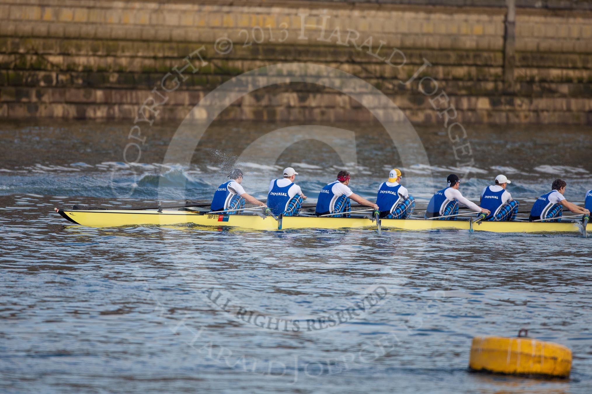 The Boat Race season 2013 - fixture CUBC vs Leander: Goldie vs Imperial BC shortly after the start of their fixture - Imperial in the lead, Cambridge on the right, and out of the frame..
River Thames Tideway between Putney Bridge and Mortlake,
London SW15,

United Kingdom,
on 02 March 2013 at 15:23, image #29