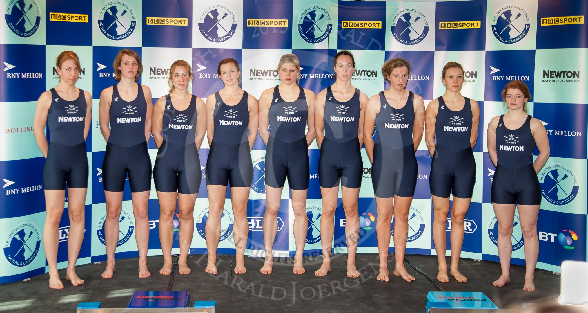 The Boat Race season 2013 - Crew Announcement and Weigh In: The 2013 Women's Boat Race Oxford Blue Boat crew, from left (bow) to right (cox): Mariann Novak, Alice Carrington-Windo, Mary Foord-Weston, Jo Lee, Amy Varney, Harriet Keane, Anastasia Chitty, Maxie Scheske, and Katie Apfelbaum..
BNY Mellon Centre,
London EC4V 4LA,

United Kingdom,
on 04 March 2013 at 10:47, image #90