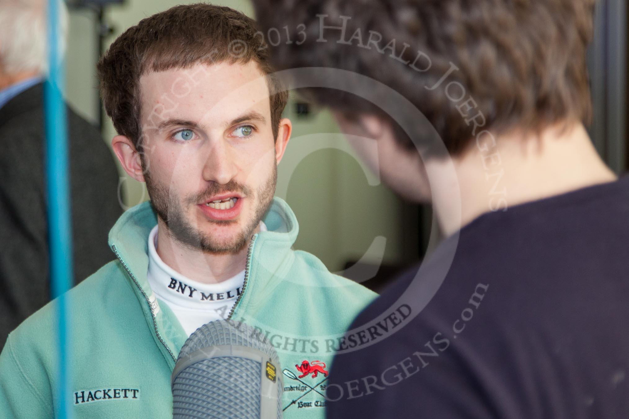 The Boat Race season 2013 - Crew Announcement and Weigh In: CUBC cox Henry Fieldman during a TV interview..
BNY Mellon Centre,
London EC4V 4LA,

United Kingdom,
on 04 March 2013 at 11:01, image #99