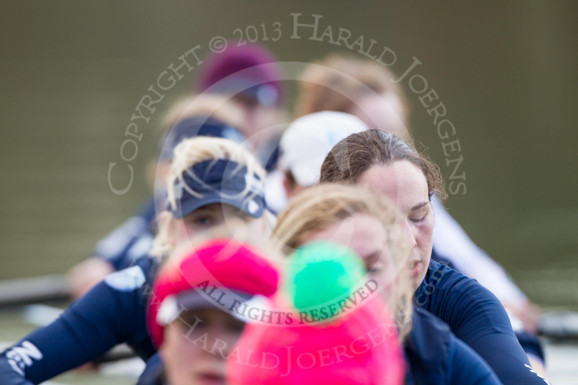 The Boat Race season 2013 - OUWBC training: The OUWBC Blue Boat crew - cox Katie Apfelbaum, stroke Maxie Scheske, Anastasia Chitty, in focus Harriet Keane, Amy Varney, Jo Lee, Mary Foord-Weston, Alice Carrington-Windo, and bow Mariann Novak..
River Thames,
Wallingford,
Oxfordshire,
United Kingdom,
on 13 March 2013 at 17:04, image #62