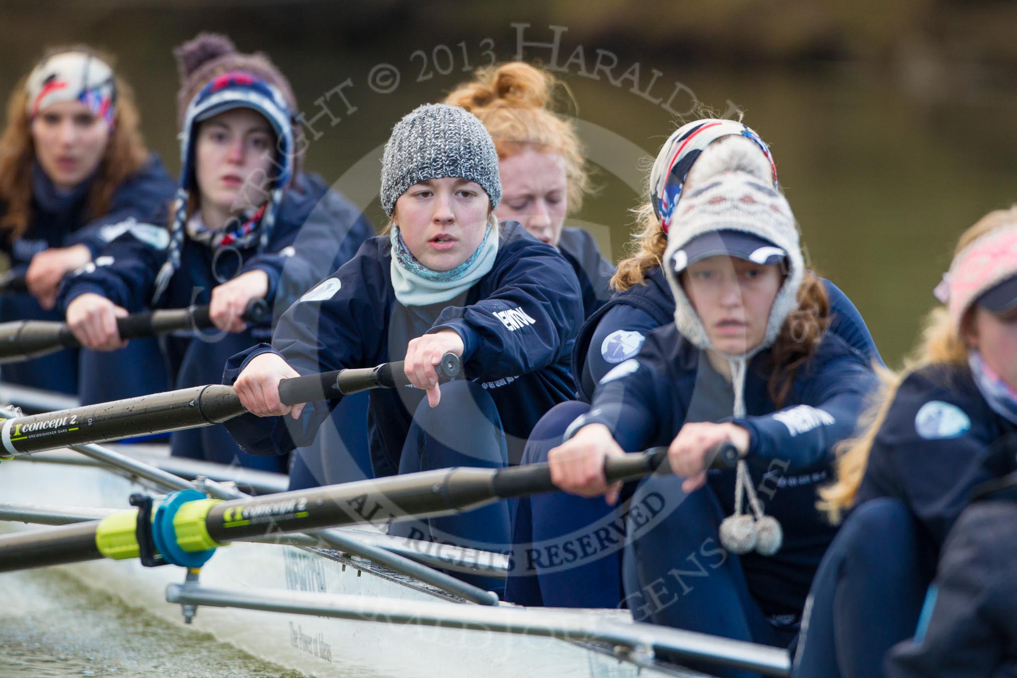 The Boat Race season 2013 - OUWBC training: Osiris, the OUWBC reserve boat: Bow Coralie Viollet-Djelassi, then Elspeth Cumber, Hannah Ledbury, Eleanor Darlington, Rachel Purkess, Caitlin Goss, Annika Bruger, and stroke Emily Chittock..
River Thames,
Wallingford,
Oxfordshire,
United Kingdom,
on 13 March 2013 at 17:05, image #69