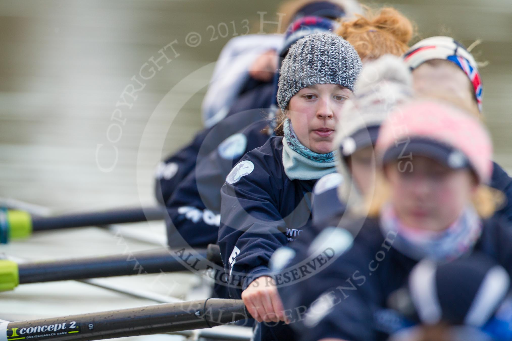 The Boat Race season 2013 - OUWBC training: Osiris, the OUWBC reserve boat: Bow Coralie Viollet-Djelassi, then Elspeth Cumber, Hannah Ledbury, Eleanor Darlington, Rachel Purkess, Caitlin Goss, Annika Bruger, and stroke Emily Chittock..
River Thames,
Wallingford,
Oxfordshire,
United Kingdom,
on 13 March 2013 at 17:05, image #73