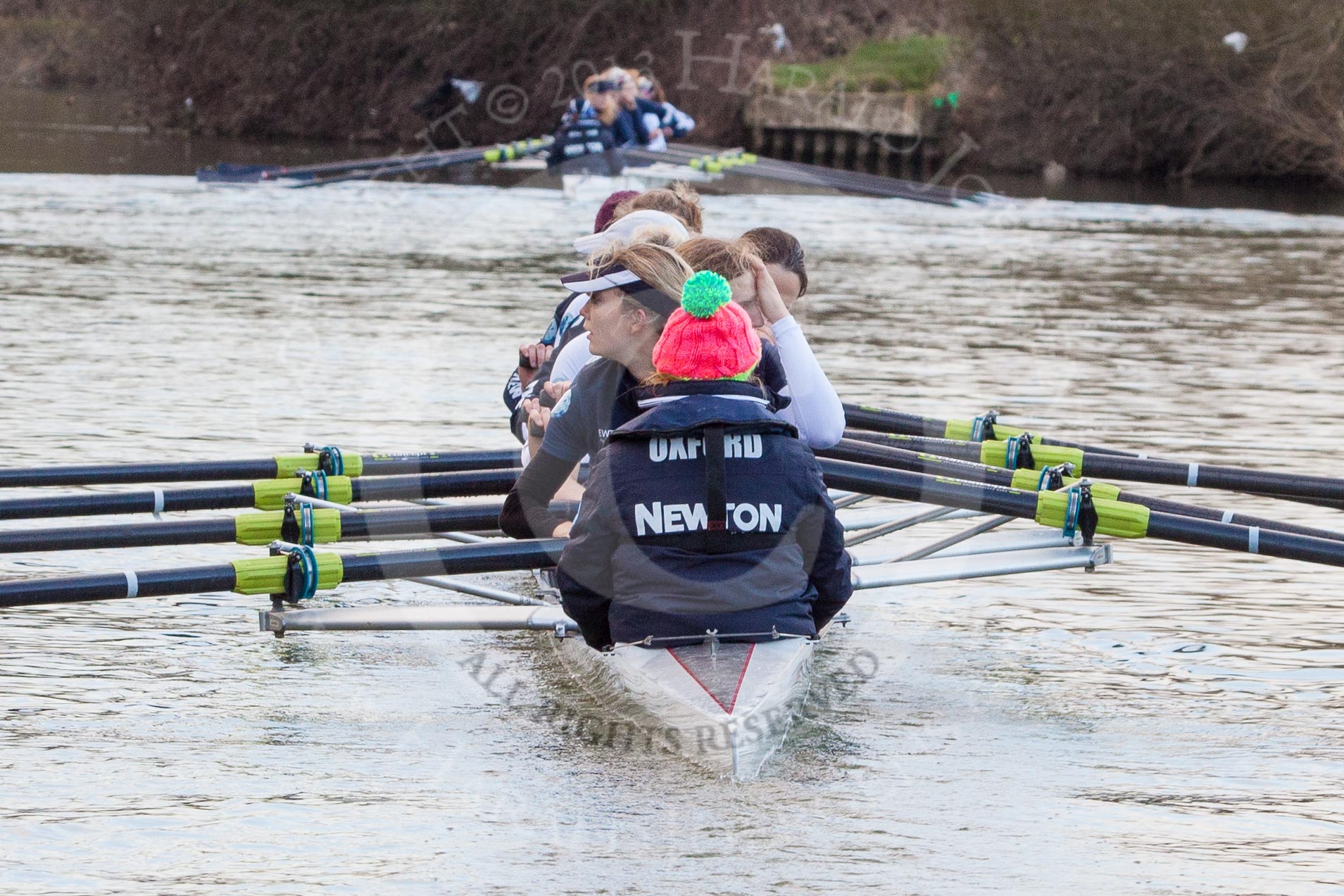 The Boat Race season 2013 - OUWBC training: The OUWBC Blue Boat during the training session - bow Mariann Novak, Alice Carrington-Windo, Mary Foord-Weston, Jo Lee, Amy Varney, Harriet Keane, Anastasia Chitty, stroke Maxie Scheske, and cox Katie Apfelbaum..
River Thames,
Wallingford,
Oxfordshire,
United Kingdom,
on 13 March 2013 at 17:10, image #92