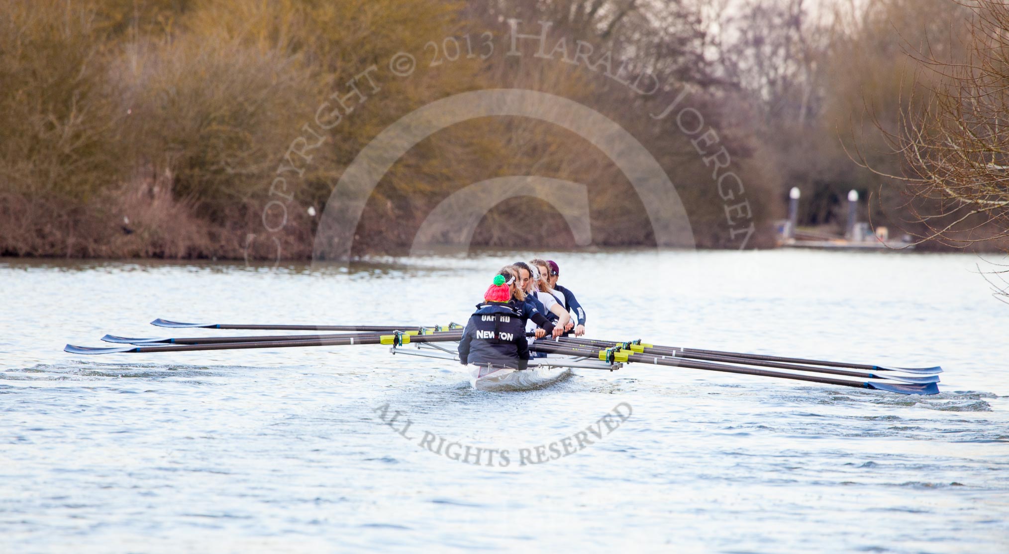 The Boat Race season 2013 - OUWBC training: The OUWBC Blue Boat during the training session - bow Mariann Novak, Alice Carrington-Windo, Mary Foord-Weston, Jo Lee, Amy Varney, Harriet Keane, Anastasia Chitty, stroke Maxie Scheske, and cox Katie Apfelbaum..
River Thames,
Wallingford,
Oxfordshire,
United Kingdom,
on 13 March 2013 at 17:12, image #98