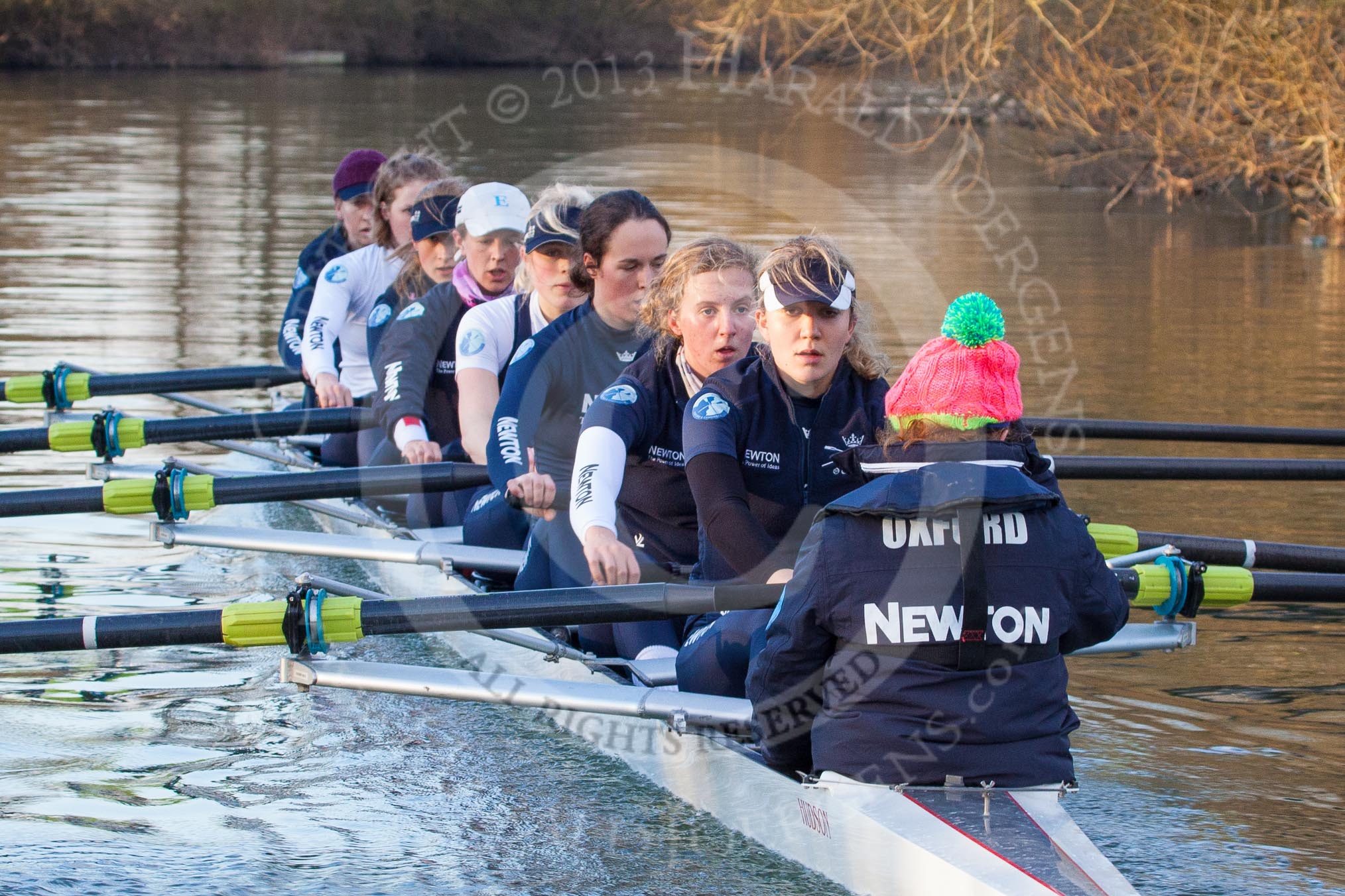 The Boat Race season 2013 - OUWBC training: The OUWBC Blue Boat during the training session - bow Mariann Novak, Alice Carrington-Windo, Mary Foord-Weston, Jo Lee, Amy Varney, Harriet Keane, Anastasia Chitty, stroke Maxie Scheske, and cox Katie Apfelbaum..
River Thames,
Wallingford,
Oxfordshire,
United Kingdom,
on 13 March 2013 at 17:15, image #120