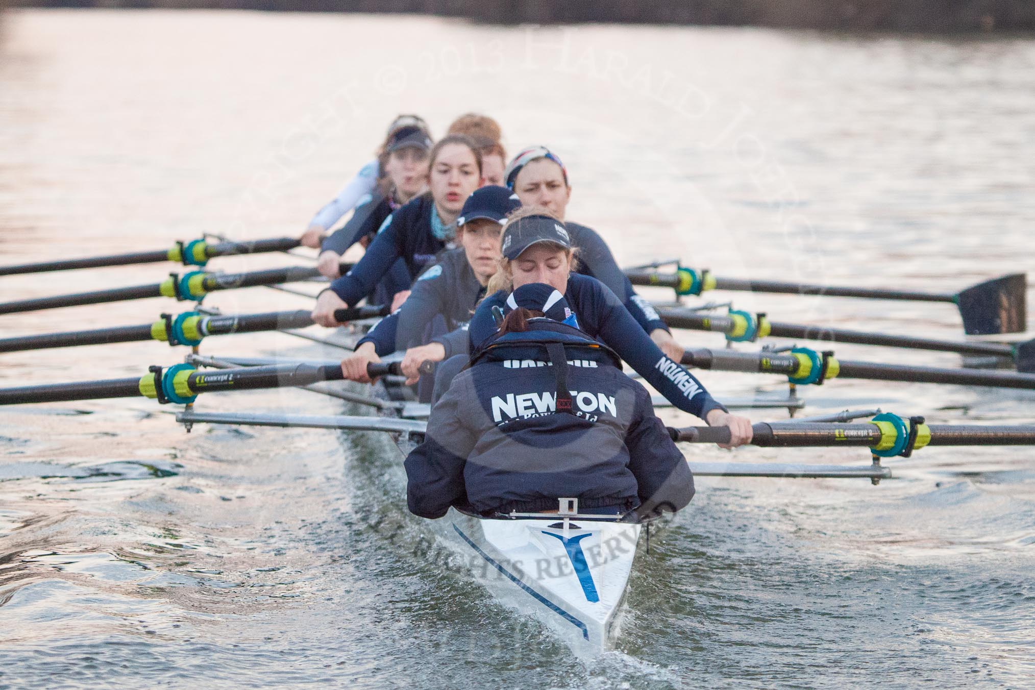 The Boat Race season 2013 - OUWBC training: In Osiris, the OUWBC reserve boat, bow Coralie Viollet-Djelassi, Elspeth Cumber, Hannah Ledbury, Eleanor Darlington, Rachel Purkess, Caitlin Goss, Annika Bruger, stroke Emily Chittock, and cox Sophie Shawdon..
River Thames,
Wallingford,
Oxfordshire,
United Kingdom,
on 13 March 2013 at 18:01, image #204