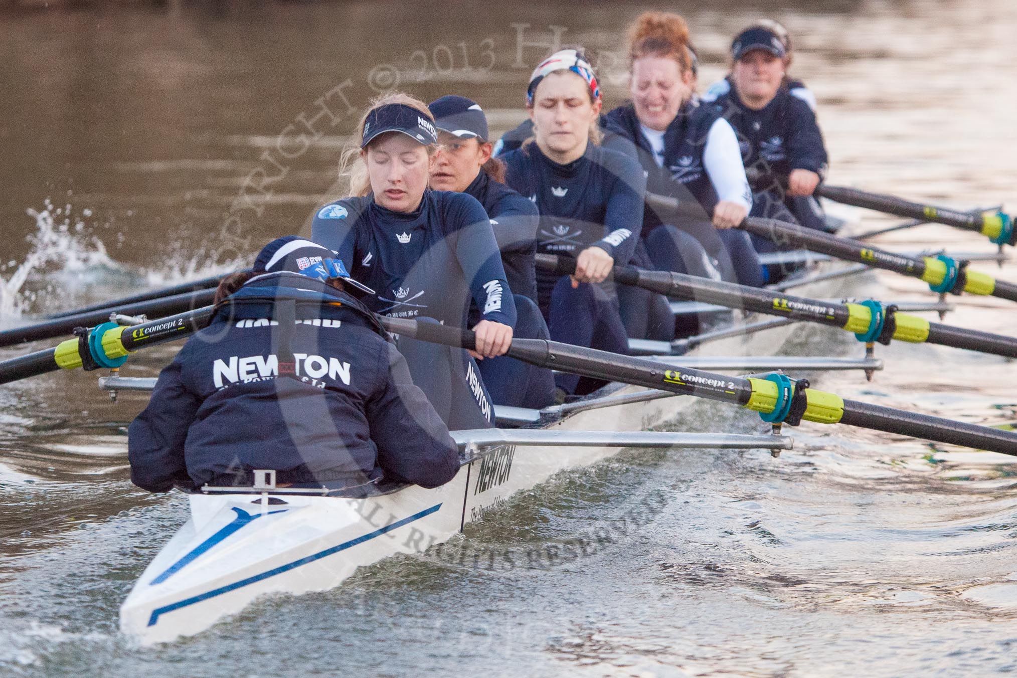 The Boat Race season 2013 - OUWBC training: In Osiris, the OUWBC reserve boat, cox Sophie Shawdon, stroke Emily Chittock, Annika Bruger, Caitlin Goss, Rachel Purkess, Eleanor Darlington, Hannah Ledbury, Elspeth Cumber, and bow Coralie Viollet-Djelassi ..
River Thames,
Wallingford,
Oxfordshire,
United Kingdom,
on 13 March 2013 at 18:01, image #205