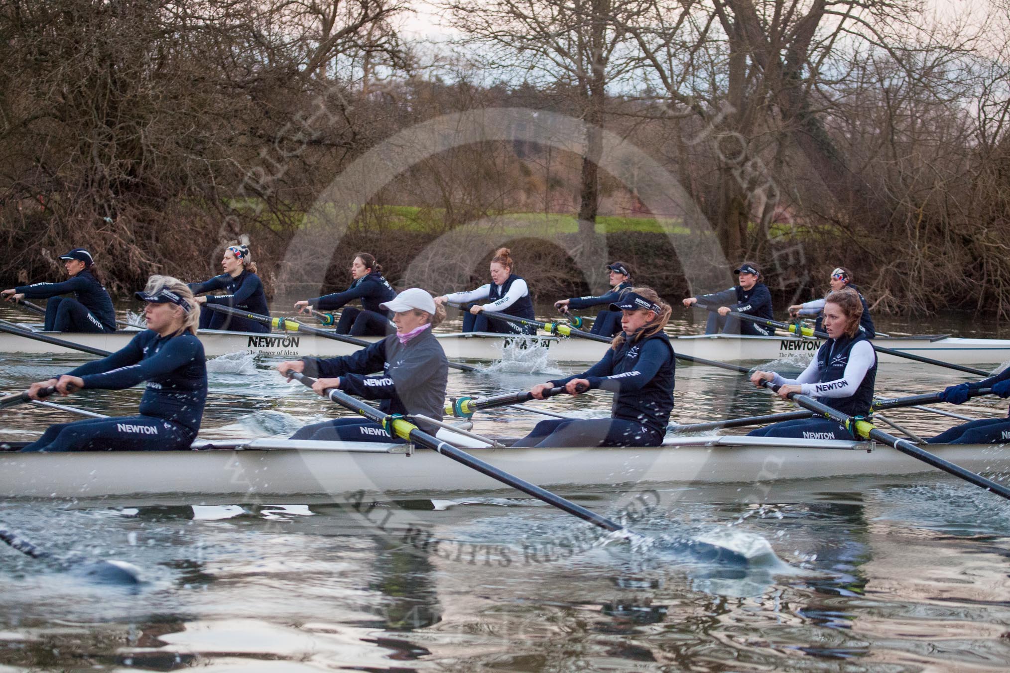 The Boat Race season 2013 - OUWBC training: The OUWBC Blue Boat racing Osiris, the reserve boat: In the Blue Boat 5 seat Amy Varney, Jo Lee, Mary Foord-Weston and Alice Carrington-Windo, ,in Osiris 7 seat Annika Bruger, Caitlin Goss, Rachel Purkess, Eleanor Darlington, Hannah Ledbury, Elspeth Cumber, and bow Coralie Viollet-Djelassi..
River Thames,
Wallingford,
Oxfordshire,
United Kingdom,
on 13 March 2013 at 18:01, image #209