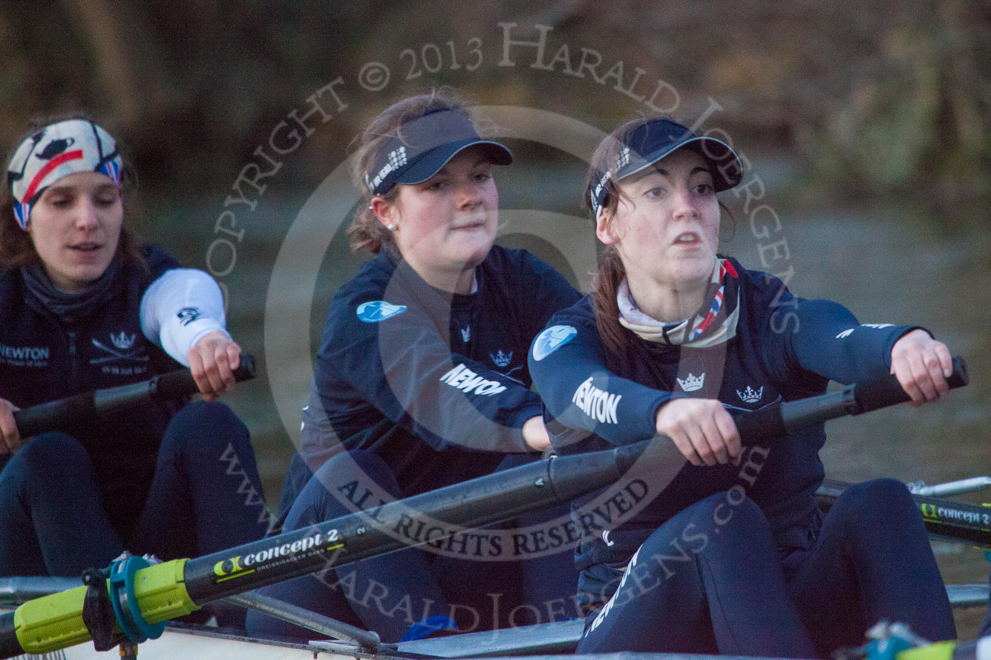 The Boat Race season 2013 - OUWBC training: In the OUWBC reserve boat Osiris - bow Coralie Viollet-Djelassi, 2 seat Elspeth Cumber, and Hannah Ledbury..
River Thames,
Wallingford,
Oxfordshire,
United Kingdom,
on 13 March 2013 at 18:06, image #226