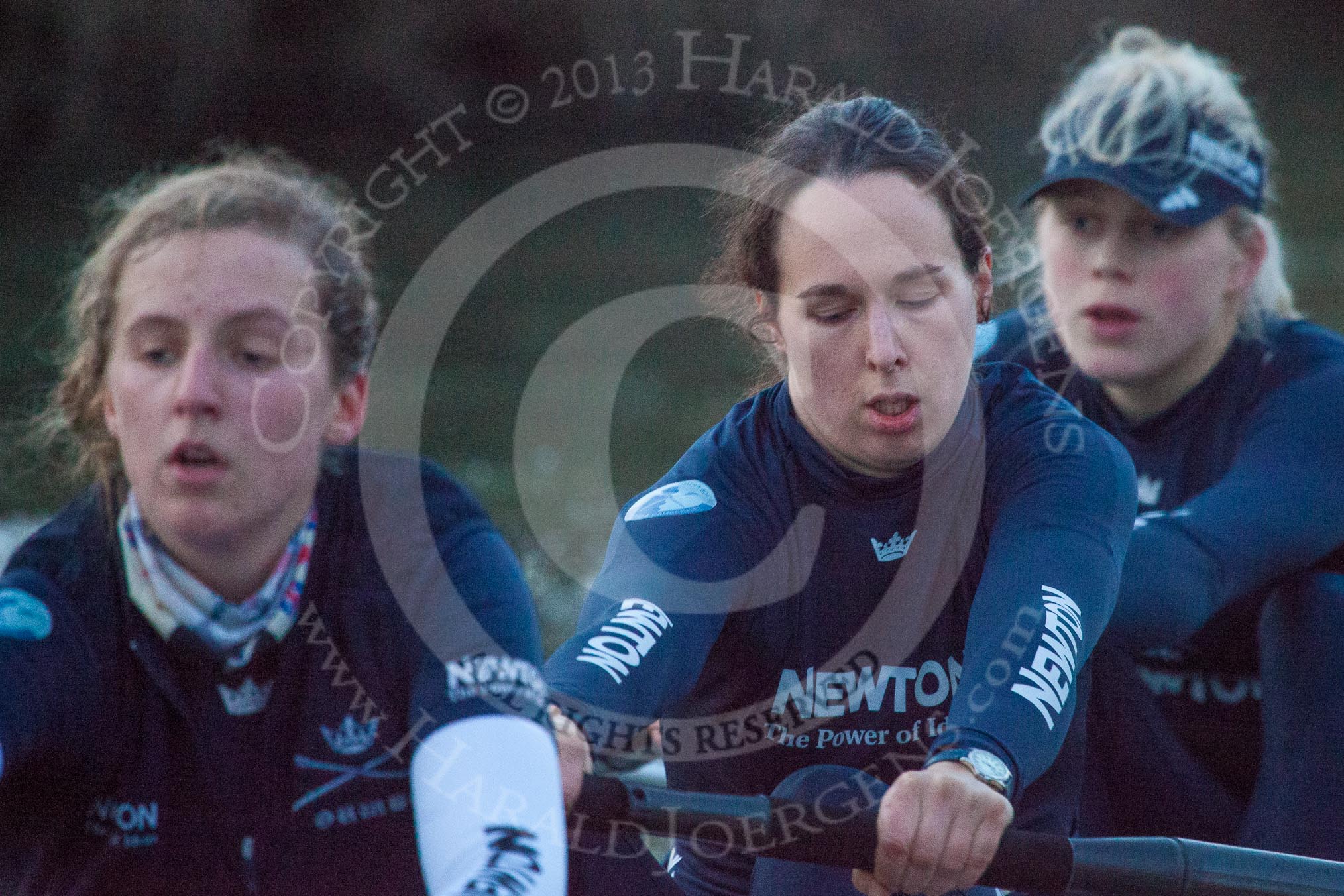 The Boat Race season 2013 - OUWBC training: In the OUWBC Blue Boat - 5 seat Amy Varney, 6 seat 
Harriet Keane, and 7 seat Anastasia Chitty..
River Thames,
Wallingford,
Oxfordshire,
United Kingdom,
on 13 March 2013 at 18:06, image #228