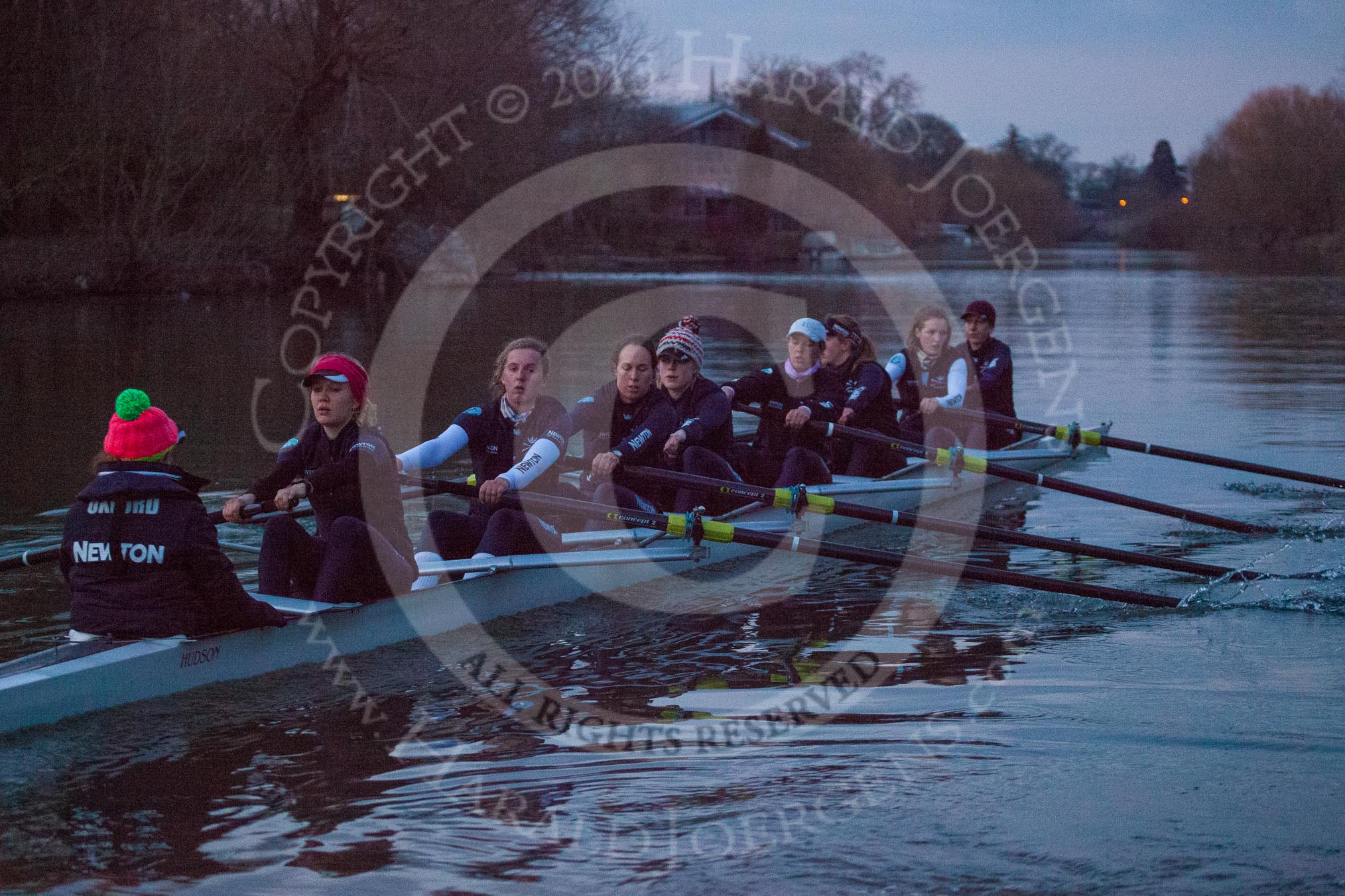 The Boat Race season 2013 - OUWBC training: The OUWBC Blue Boat team returning to Fleming Boathouse at the end of the training session - cox Katie Apfelbaum, stroke Maxie Scheske, Anastasia Chitty, Harriet Keane, Amy Varney, Jo Lee, Mary Foord-Weston, Alice Carrington-Windo, and bow Mariann Novak..
River Thames,
Wallingford,
Oxfordshire,
United Kingdom,
on 13 March 2013 at 18:19, image #232