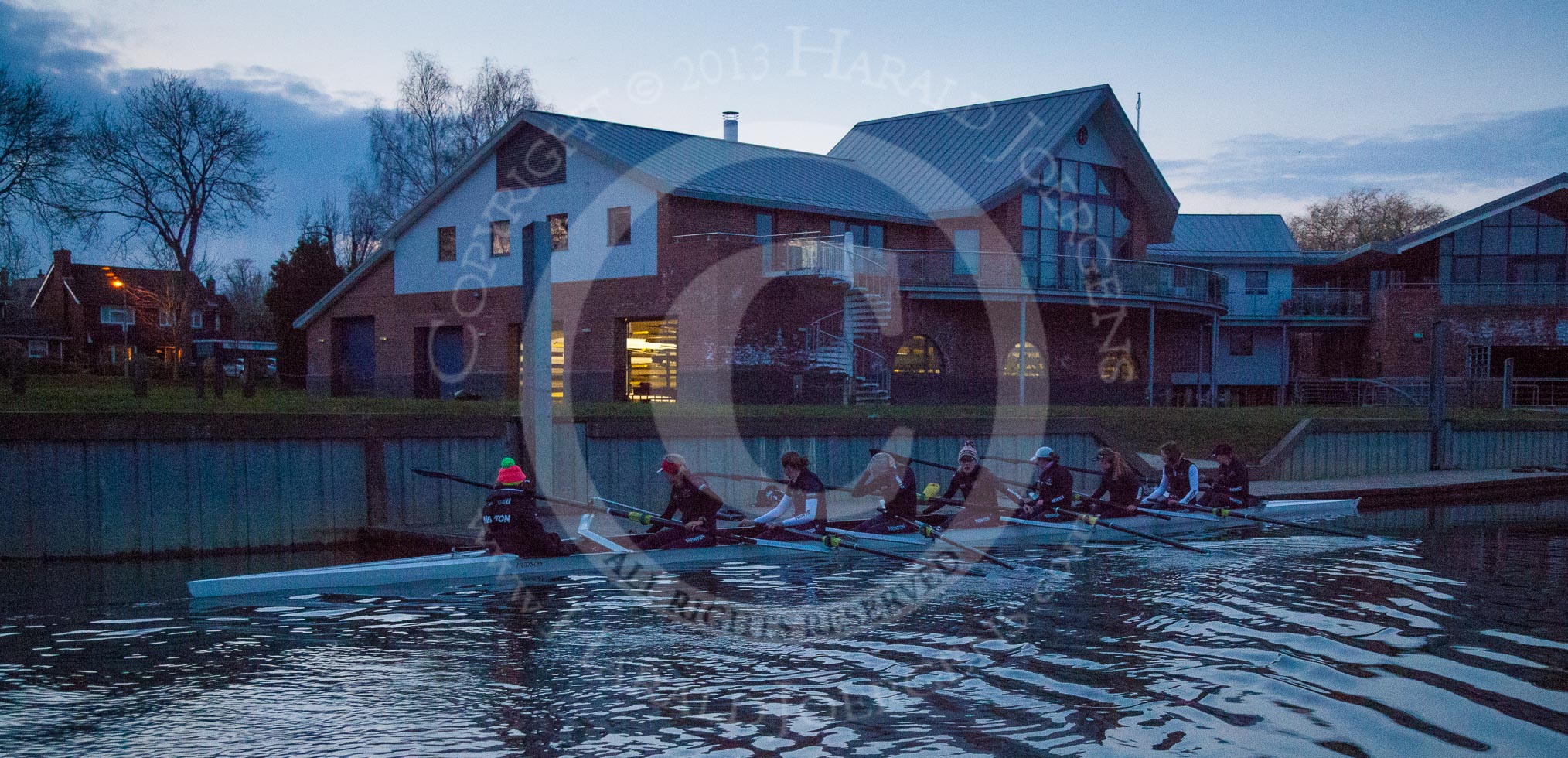 The Boat Race season 2013 - OUWBC training: The OUWBC Blue Boat returning to Fleming Boathouse, in last light, afther the training session..
River Thames,
Wallingford,
Oxfordshire,
United Kingdom,
on 13 March 2013 at 18:20, image #234