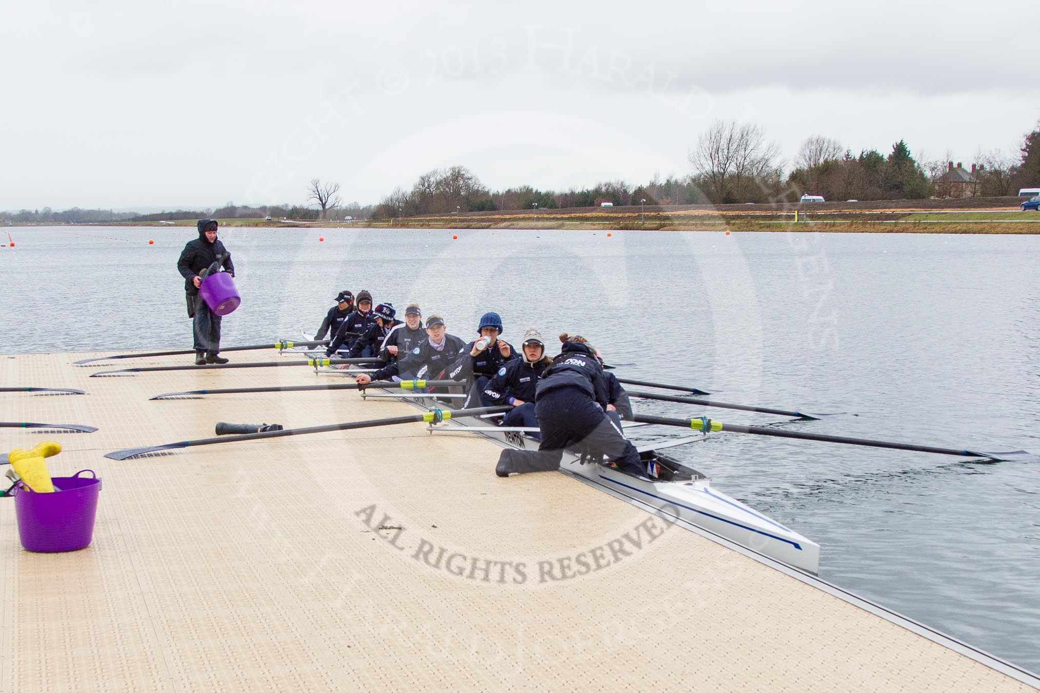 The Boat Race season 2013 - fixture OUWBC vs Olympians: The OUWBC reserve boat Osiris getting ready at a Dorney Lake pontoon to meet the Olympians..
Dorney Lake,
Dorney, Windsor,
Buckinghamshire,
United Kingdom,
on 16 March 2013 at 11:02, image #11