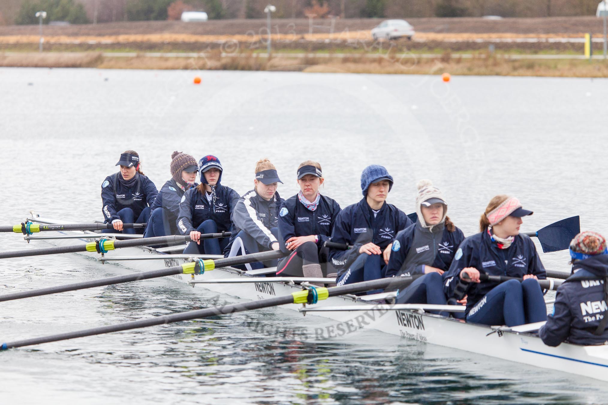 The Boat Race season 2013 - fixture OUWBC vs Olympians: In the Oxford (OUWBC) reserve boat Osiris at bow Coralie Viollet-Djelassi, 2 Elspeth Cumber, 3 Hannah Ledbury, 4 Eleanor Darlington, 5 Rachel Purkess, 6 Caitlin Goss, 7 Annika Bruger, stroke Emily Chittock and cox Sophie Shawdon..
Dorney Lake,
Dorney, Windsor,
Buckinghamshire,
United Kingdom,
on 16 March 2013 at 11:02, image #14