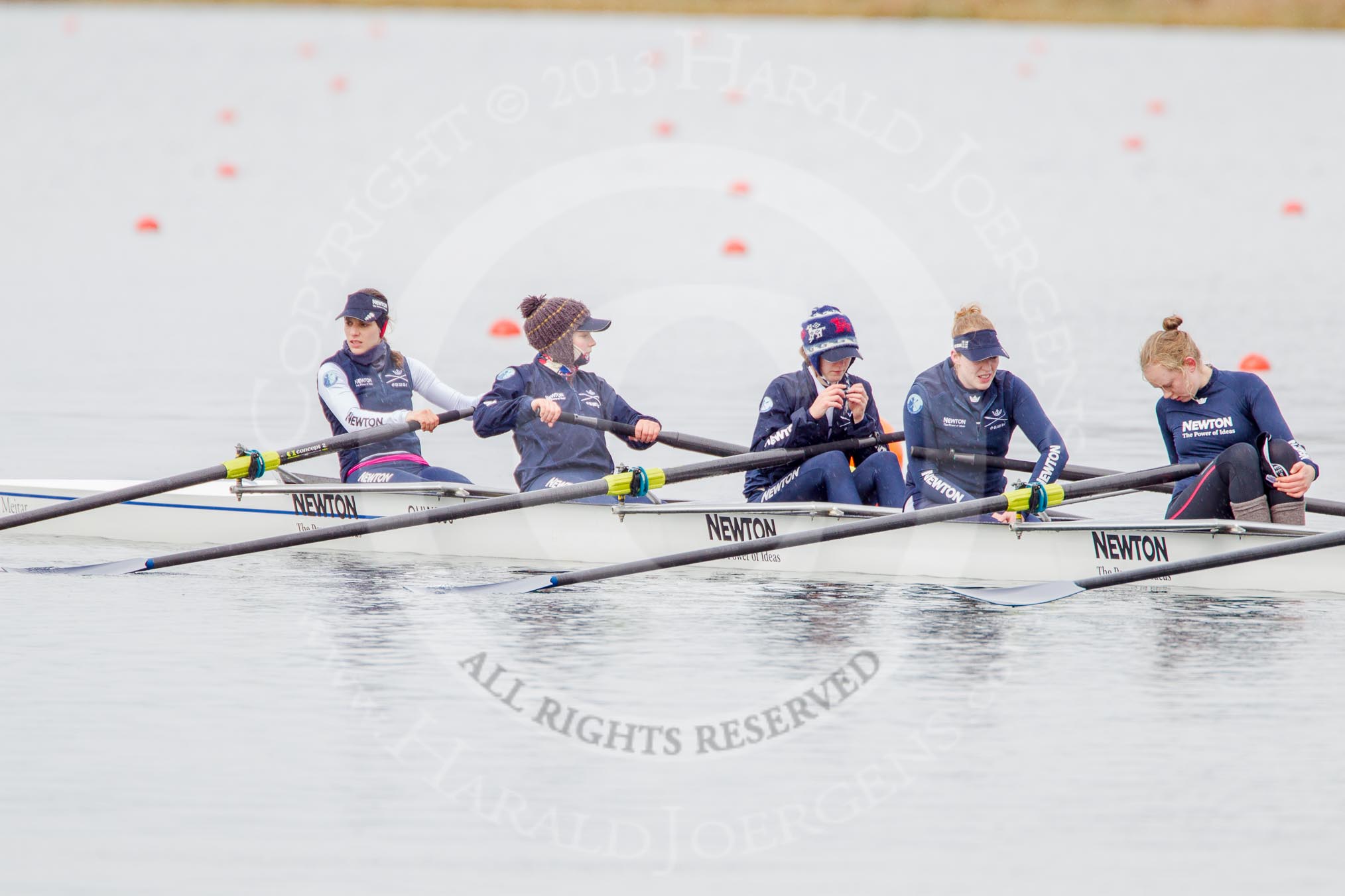 The Boat Race season 2013 - fixture OUWBC vs Olympians: In the Oxford (OUWBC) reserve boat Osiris at bow Coralie Viollet-Djelassi, 2 Elspeth Cumber, 3 Hannah Ledbury, 4 Eleanor Darlington and 5 Rachel Purkess..
Dorney Lake,
Dorney, Windsor,
Buckinghamshire,
United Kingdom,
on 16 March 2013 at 11:19, image #52