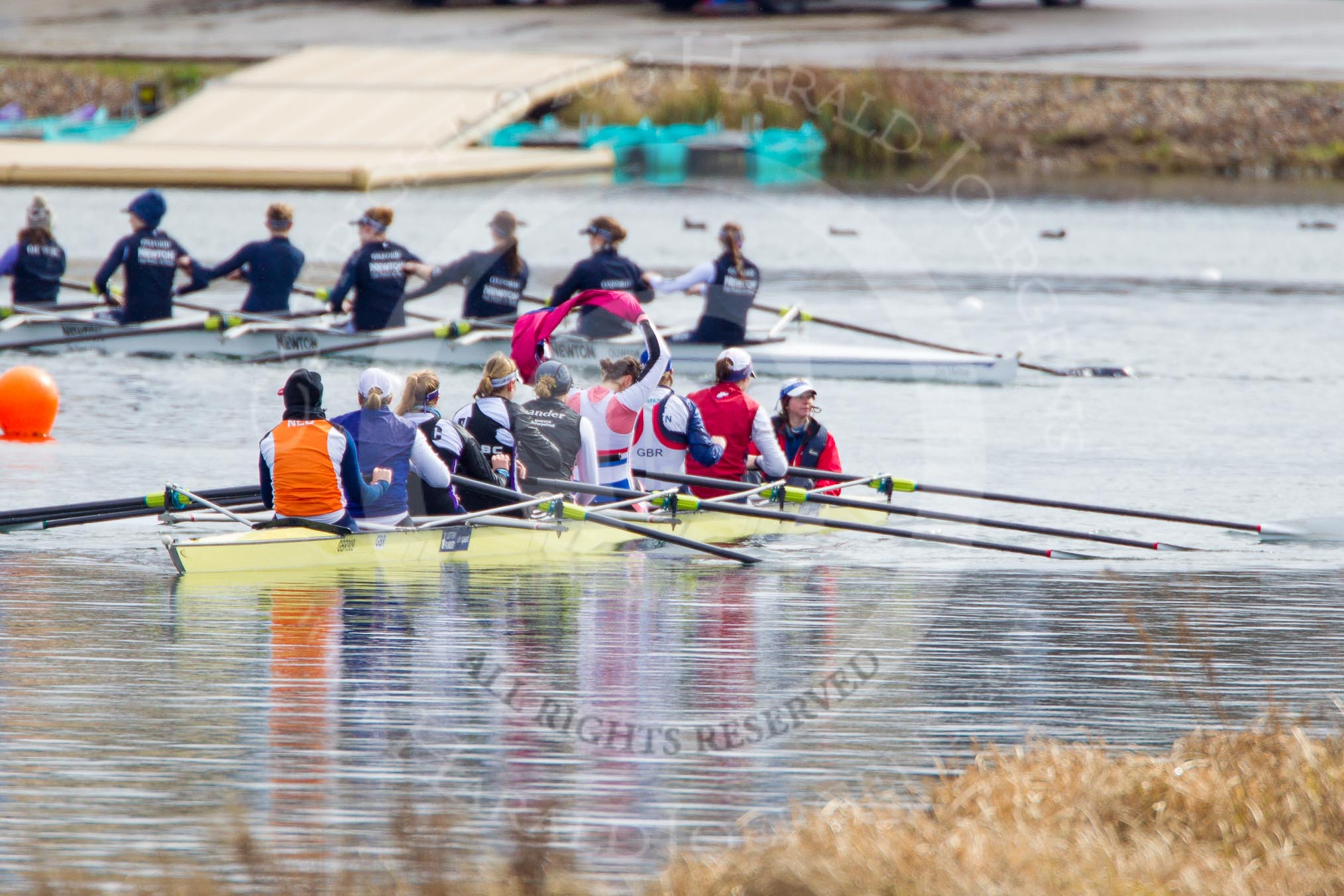 The Boat Race season 2013 - fixture OUWBC vs Olympians: In the Olympians boat, on the right,  at bow Natasha Townsend, 2 Kate Johnson, 3 Christiana Amacker, 4 Bethan Walters, 5 Anna Watkins, 6 Katherine Douglas, 7 Katherine Grainger, stroke Caryn Davies and cox Victoria Stulgis. In Osiris 7 Annika Bruger, 6 Caitlin Goss, 5 Rachel Purkess, 4 Eleanor Darlington, 3 Hannah Ledbury, 2 Elspeth Cumber and at bow Coralie Viollet-Djelassi..
Dorney Lake,
Dorney, Windsor,
Buckinghamshire,
United Kingdom,
on 16 March 2013 at 11:30, image #59