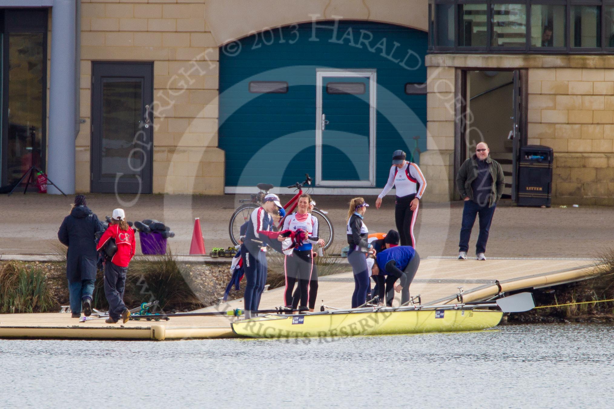 The Boat Race season 2013 - fixture OUWBC vs Olympians: The Olympians have returned to one of the pontoons after the fixture against the two OUWBC boats at Dorney Lake..
Dorney Lake,
Dorney, Windsor,
Buckinghamshire,
United Kingdom,
on 16 March 2013 at 12:29, image #311