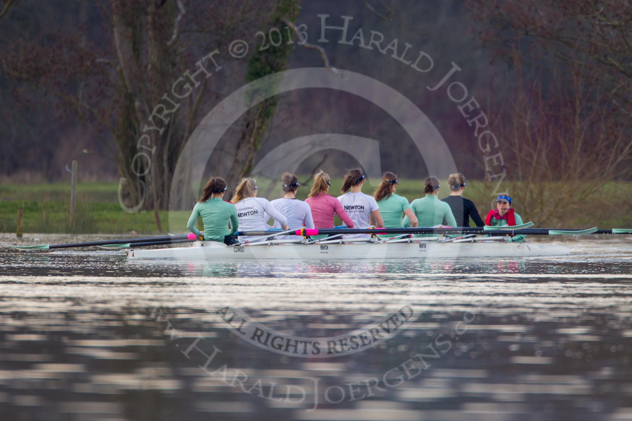 The Boat Race season 2013 - CUWBC training: The CUWBC Blue Boat on the way back from Temple Island to Henley: Bow Caroline Reid, 2 Fay Sandford, 3 Melissa Wilson, 4  Jessica Denman, 5 Vicky Shaw, 6 Claire Watkins, 7 Emily Day, stroke Holly Game, and cox Esther Momcilovic..
River Thames near Remenham,
Henley-on-Thames,
Oxfordshire,
United Kingdom,
on 19 March 2013 at 15:38, image #53