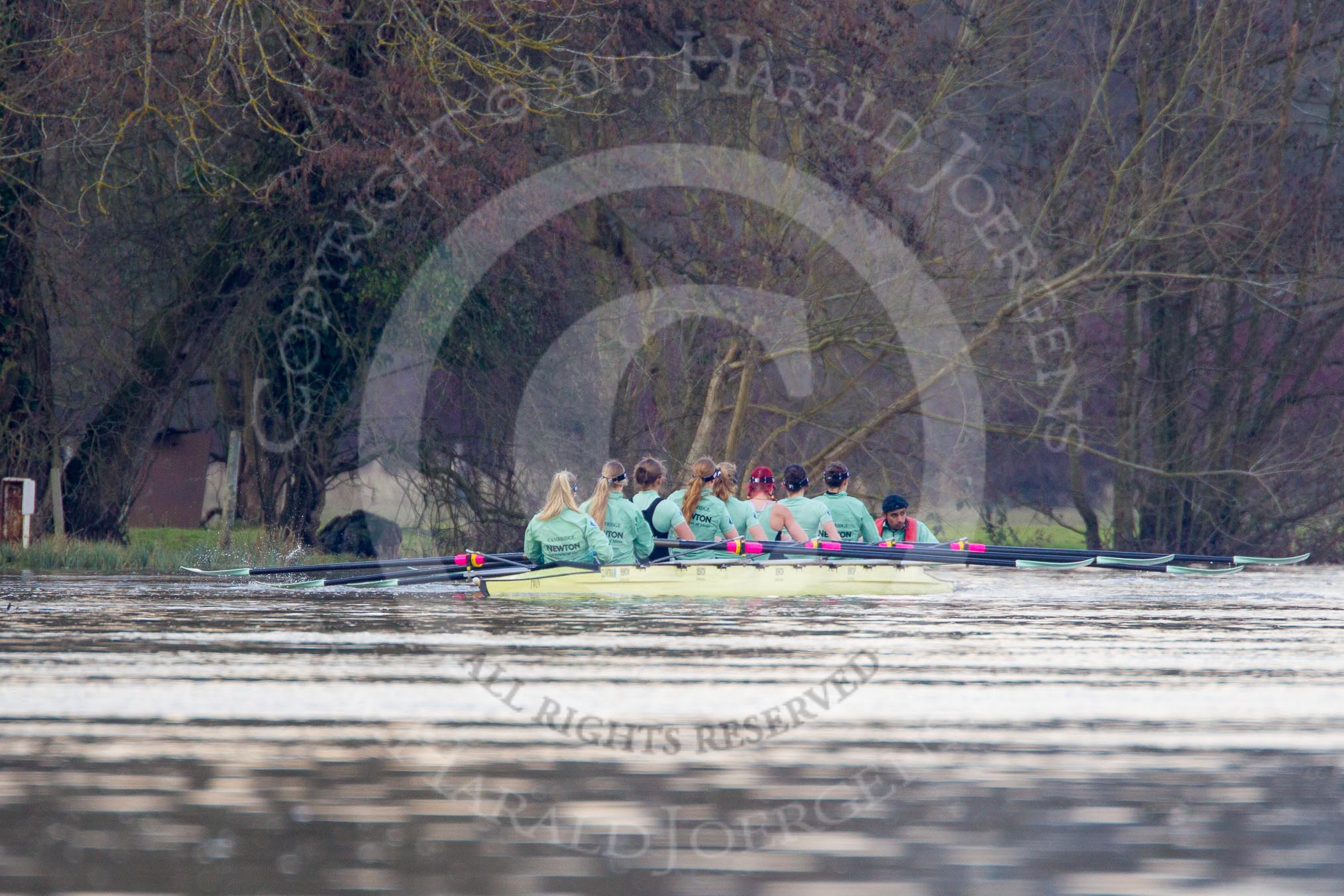 The Boat Race season 2013 - CUWBC training: The CUWBC reserve boat Blondie on the way back from Temple Island to Henley: Bow Clare Hall, 2 Ania Slotala, 3 Rachel Boyd, 4 Lucy Griffin, 5 Sara Lackner, 6 Helena Schofield, 7 Christine Seeliger, stroke Katie-Jane Whitlock, and cox Arav Gupta.
River Thames near Remenham,
Henley-on-Thames,
Oxfordshire,
United Kingdom,
on 19 March 2013 at 15:38, image #55