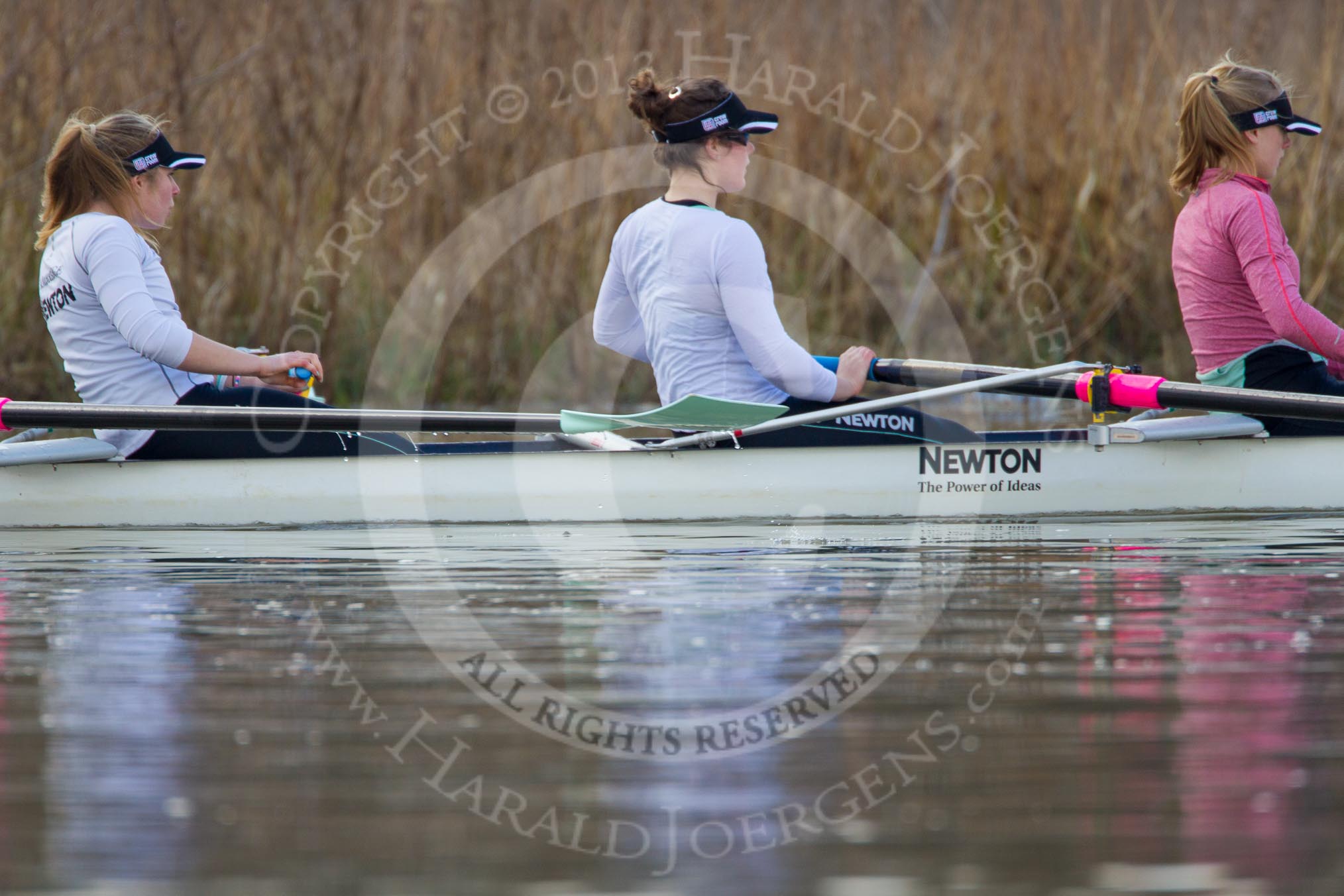 The Boat Race season 2013 - CUWBC training: In the CUWBC Blue Boat 2 seat Fay Sandford, 3 Melissa Wilson and 4  Jessica Denman..
River Thames near Remenham,
Henley-on-Thames,
Oxfordshire,
United Kingdom,
on 19 March 2013 at 15:39, image #62