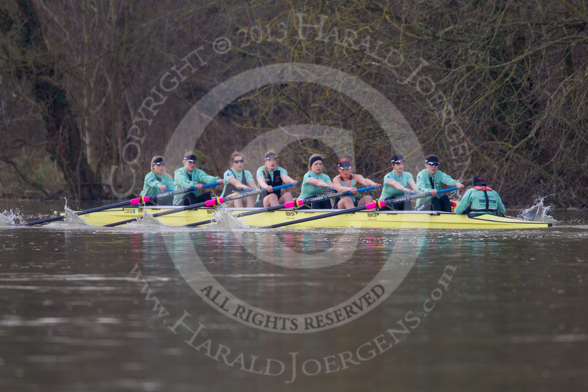 The Boat Race season 2013 - CUWBC training: The CUWBC reserve boat Blondie - bow Clare Hall, 2 Ania Slotala, 3 Rachel Boyd, 4 Lucy Griffin, 5 Sara Lackner, 6 Helena Schofield, 7 Christine Seeliger, stroke Katie-Jane Whitlock, and cox Arav Gupta..
River Thames near Remenham,
Henley-on-Thames,
Oxfordshire,
United Kingdom,
on 19 March 2013 at 15:42, image #74