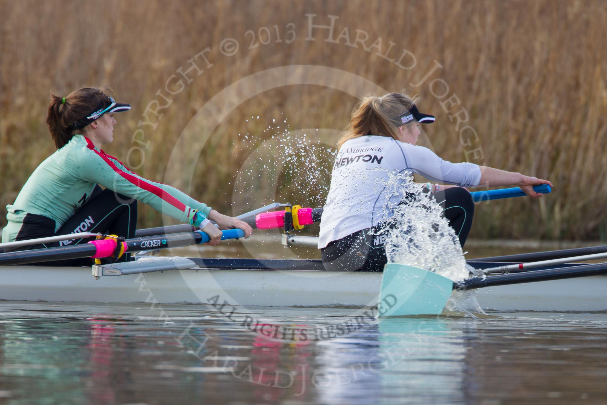 The Boat Race season 2013 - CUWBC training: The CUWBC Blue Boat at race pace - bow Caroline Reid and 2 Fay Sandford..
River Thames near Remenham,
Henley-on-Thames,
Oxfordshire,
United Kingdom,
on 19 March 2013 at 16:08, image #122