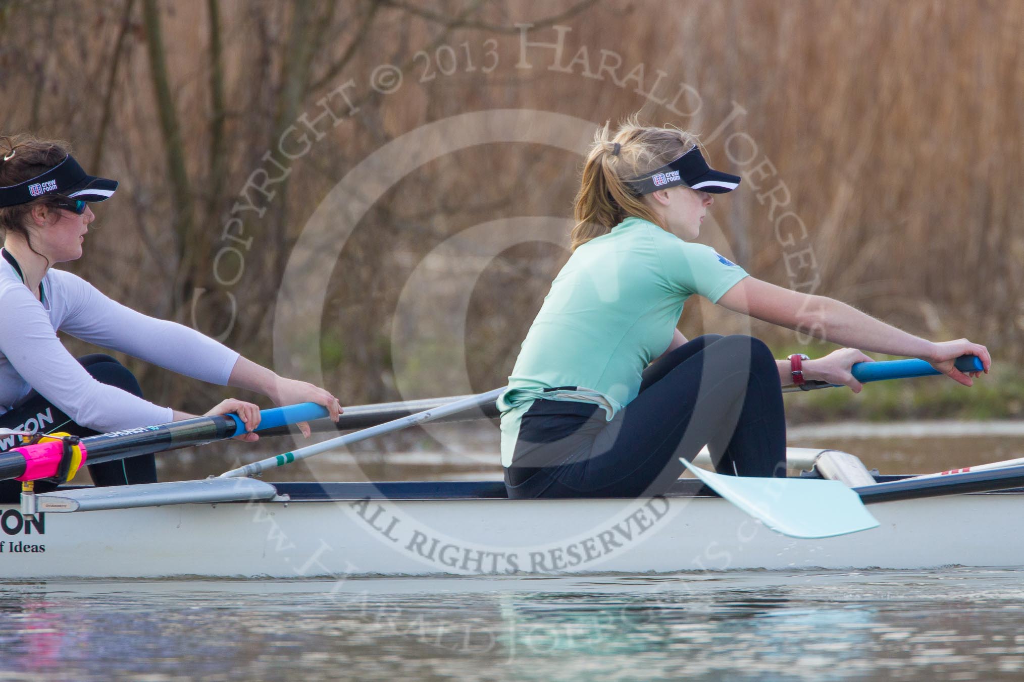 The Boat Race season 2013 - CUWBC training: The CUWBC Blue Boat - 3 seat Melissa Wilson and 4 Jessica Denman..
River Thames near Remenham,
Henley-on-Thames,
Oxfordshire,
United Kingdom,
on 19 March 2013 at 16:08, image #124