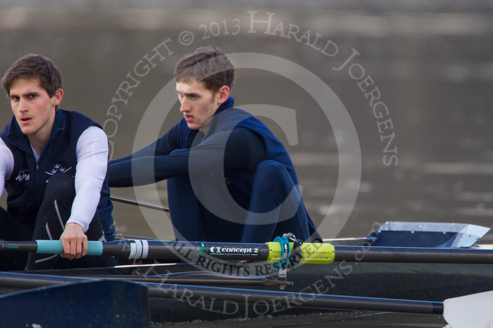 The Boat Race season 2013 - CUWBC training: The OULRC boat - 2 seat Benjamin Bronselaer and bow James Kirkbride..
River Thames near Remenham,
Henley-on-Thames,
Oxfordshire,
United Kingdom,
on 19 March 2013 at 16:29, image #136