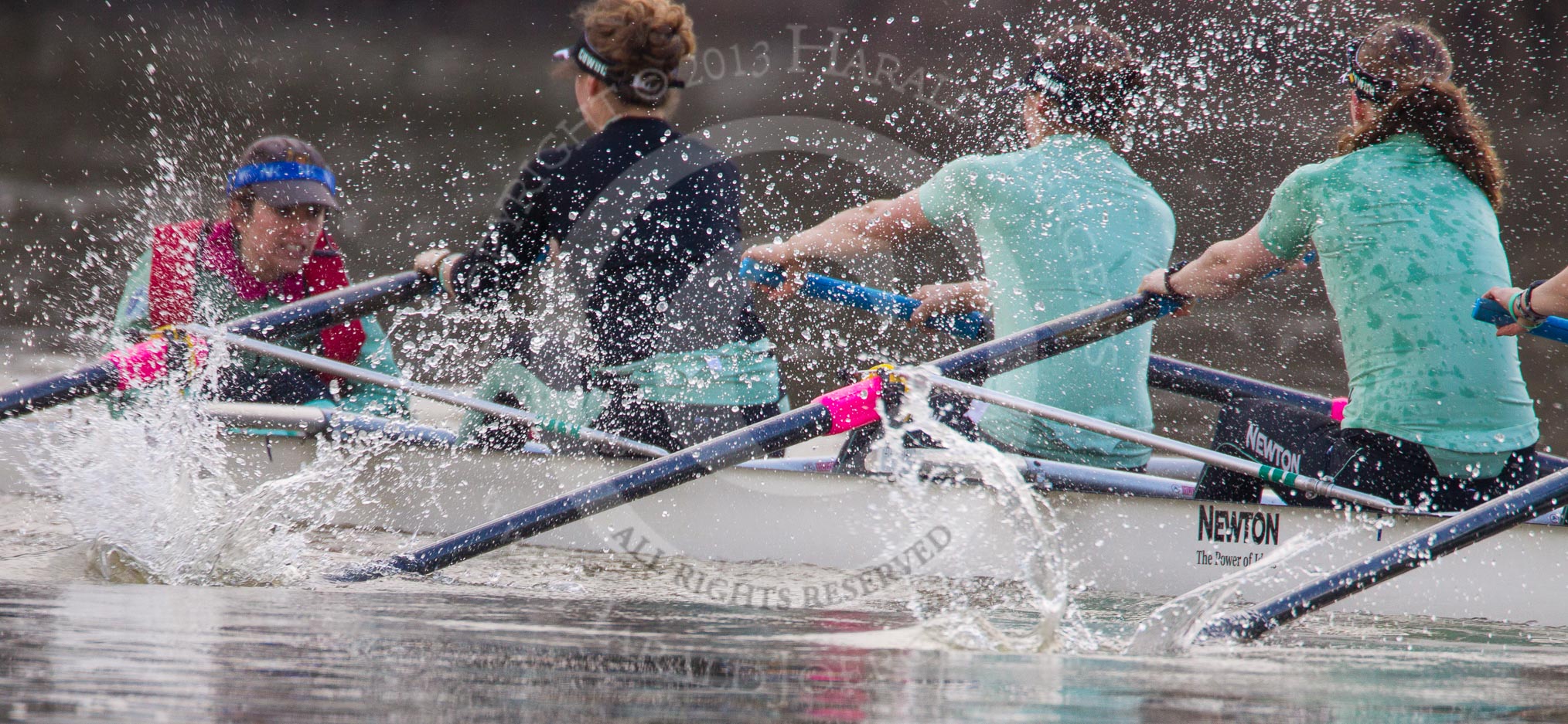 The Boat Race season 2013 - CUWBC training: The CUWBC Blue Boat during the last training unit of the day - cox Esther Momcilovic, stroke Holly Game, 7 Emily Day, 6 Claire Watkins, 5 Vicky Shaw, 4  Jessica Denman, 3 Melissa Wilson, 2 Fay Sandford, and bow Caroline Reid..
River Thames near Remenham,
Henley-on-Thames,
Oxfordshire,
United Kingdom,
on 19 March 2013 at 16:30, image #148