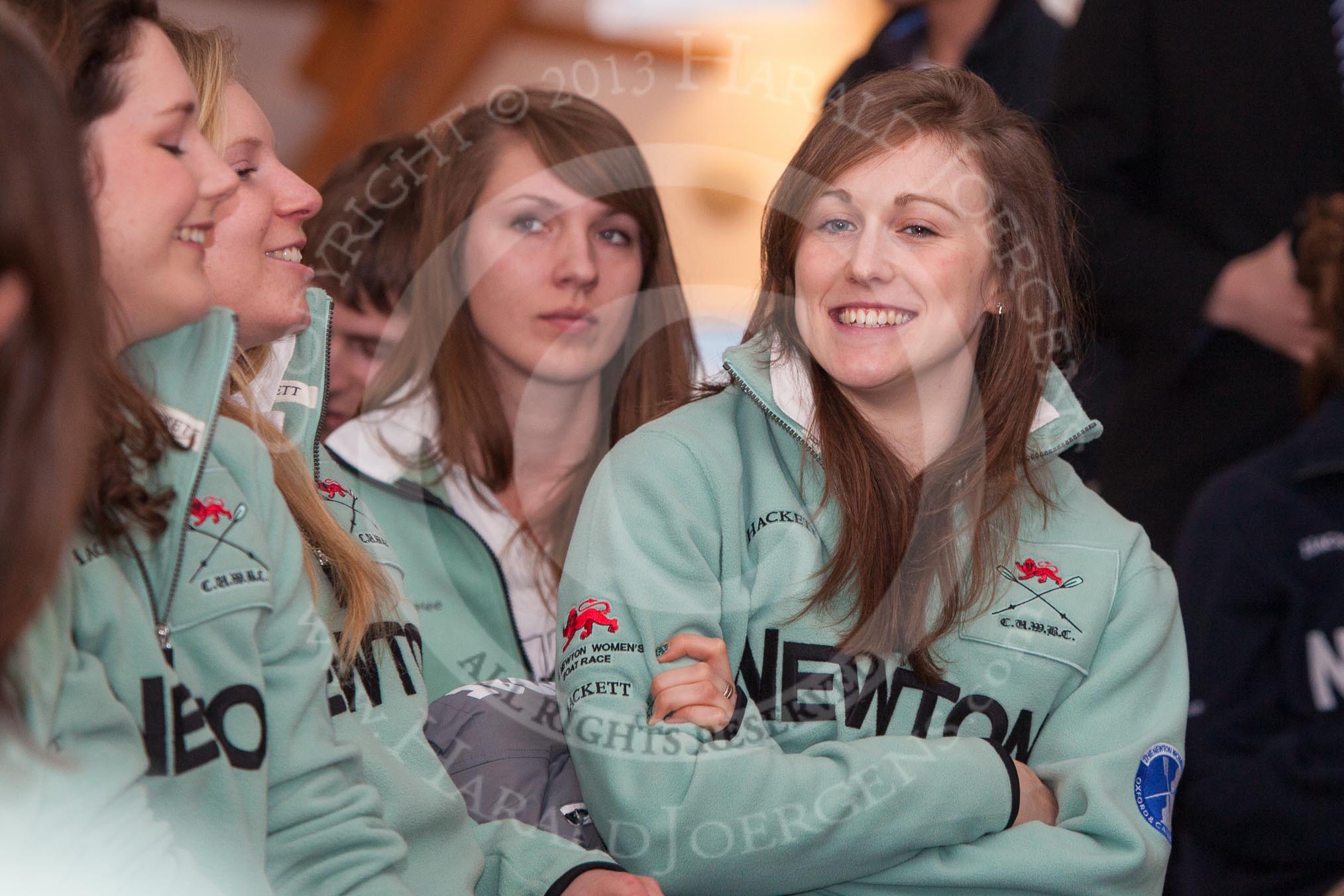 The Boat Race Season 2013 - Henley Boat Races Challenge: The Cambridge University crews before the start of the Henley Boat Races Challenge and Weigh-In, at the Schwarzenbach International Gallery, Henley River and Rowing Museum, in focus and smiling for the camera bow seat Caroline Reid..
River and Rowing Museum,
H,


on 19 March 2013 at 10:53, image #11