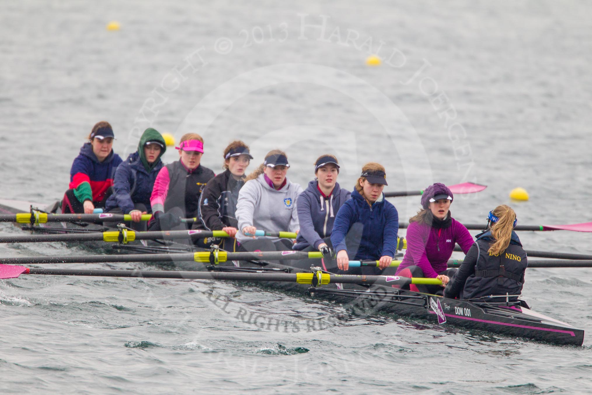 Intercollegiate Women's Race 2013: Downing College, Cambridge, with Katia Smith at bow, 2 Philippa Buckley, 3 Zara Goozee, 4 Bridey Addison-Child, 5 Josie Hughes, 6 Abi Dunn, 7 Laura-Jane Taylor, stroke Jennifer Joule and cox Ruth Wood.