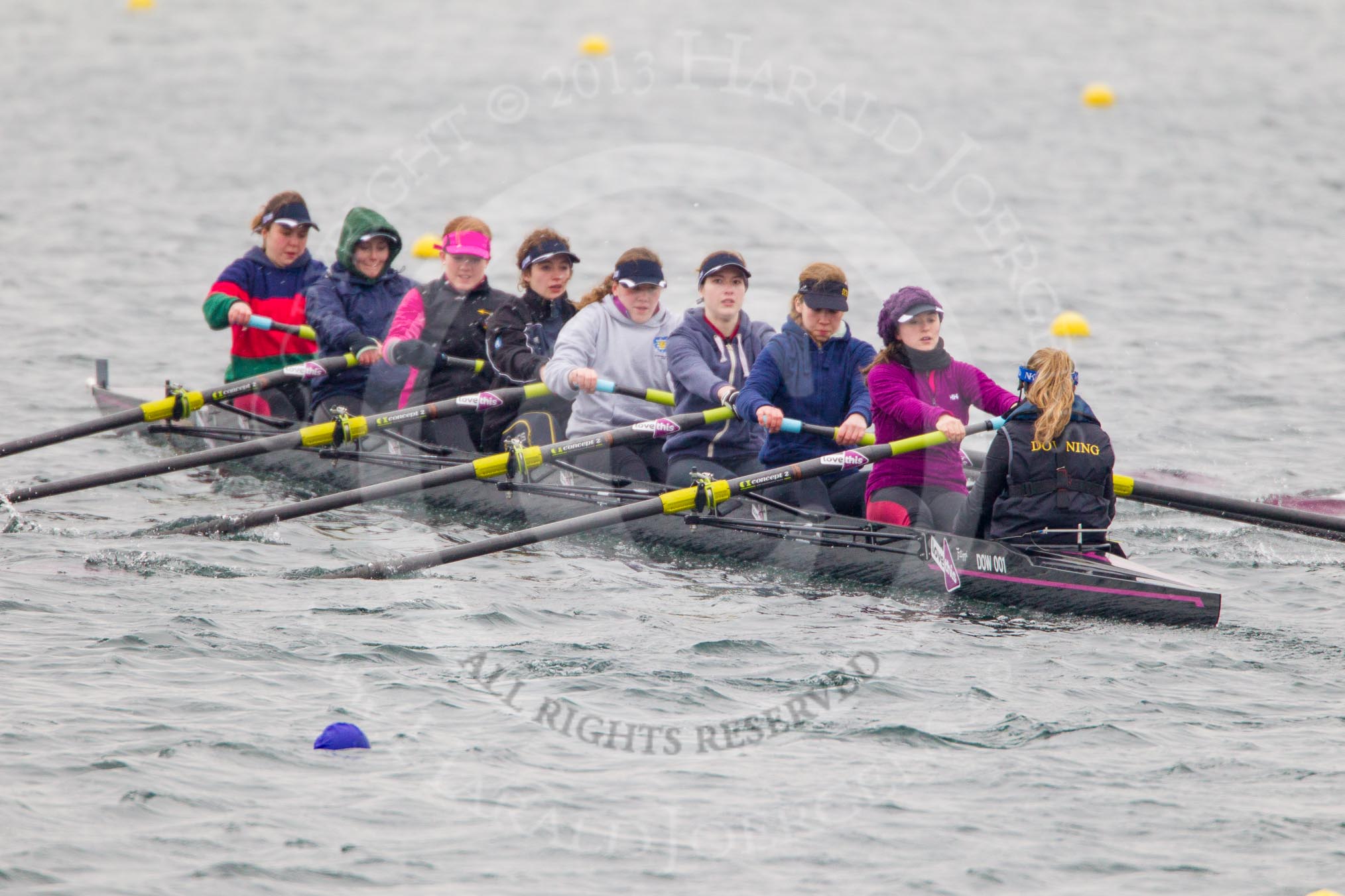 Intercollegiate Women's Race 2013: Downing College, Cambridge, with Katia Smith at bow, 2 Philippa Buckley, 3 Zara Goozee, 4 Bridey Addison-Child, 5 Josie Hughes, 6 Abi Dunn, 7 Laura-Jane Taylor, stroke Jennifer Joule and cox Ruth Wood.