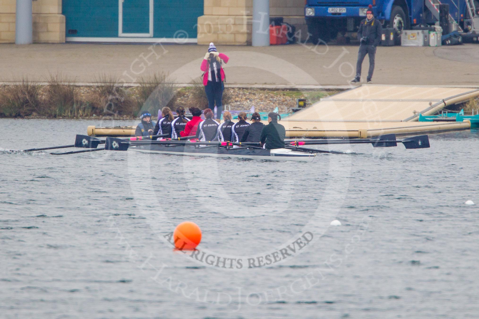 Intercollegiate Women's Race 2013: St John's College, Oxford, with cox XYZ, stroke Hannah Evans, 7 Emma Lowe, 6 Melissa Bailey, 5 Hazel Shepherd, 4 Samantha Rawlinson, 3 Saskia Greenhalgh, 2 Carly de Jonge and Pirada Trongwongsa at bow.